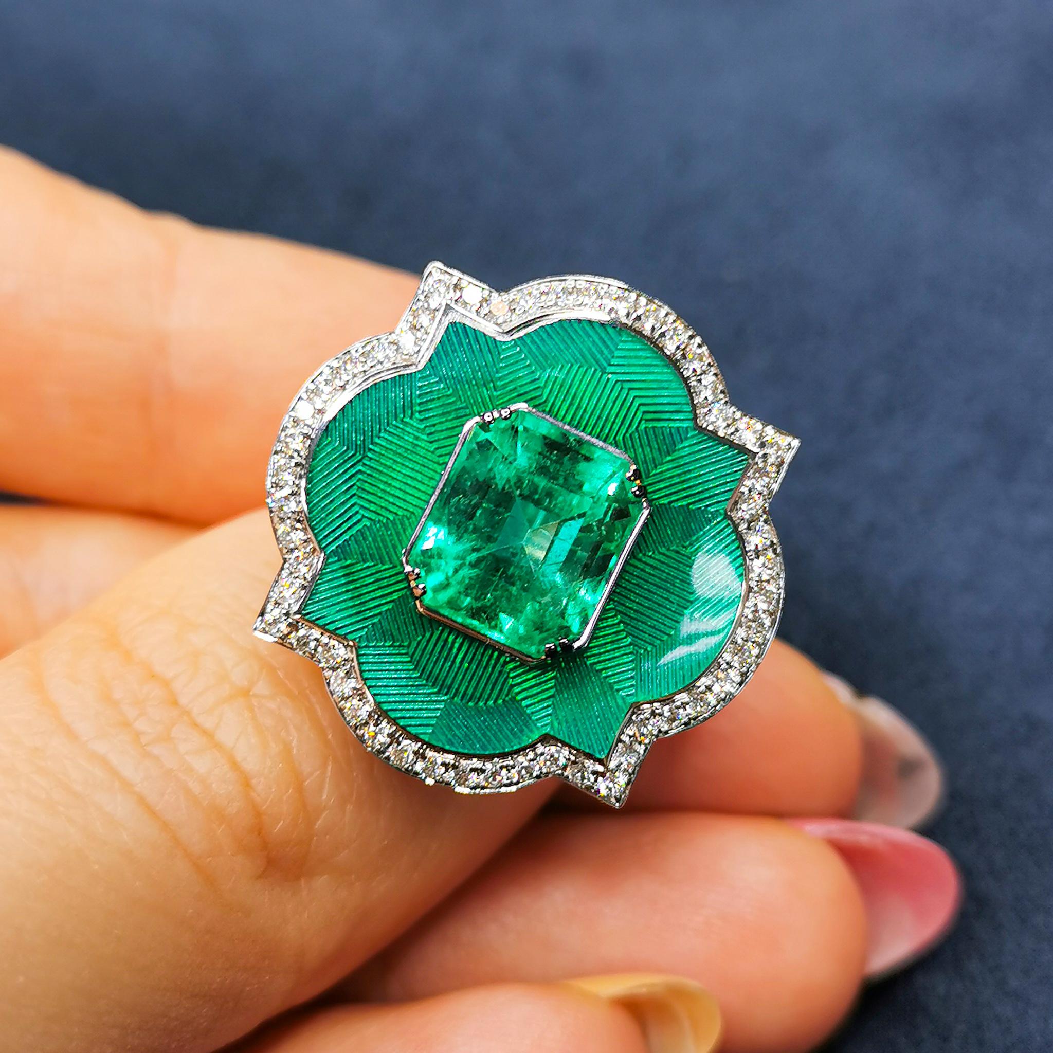 GRS Certified 3.55 Colombian Emerald Diamond Enamel 18K White Gold Cocktail Ring
Designers again beat our trademark 