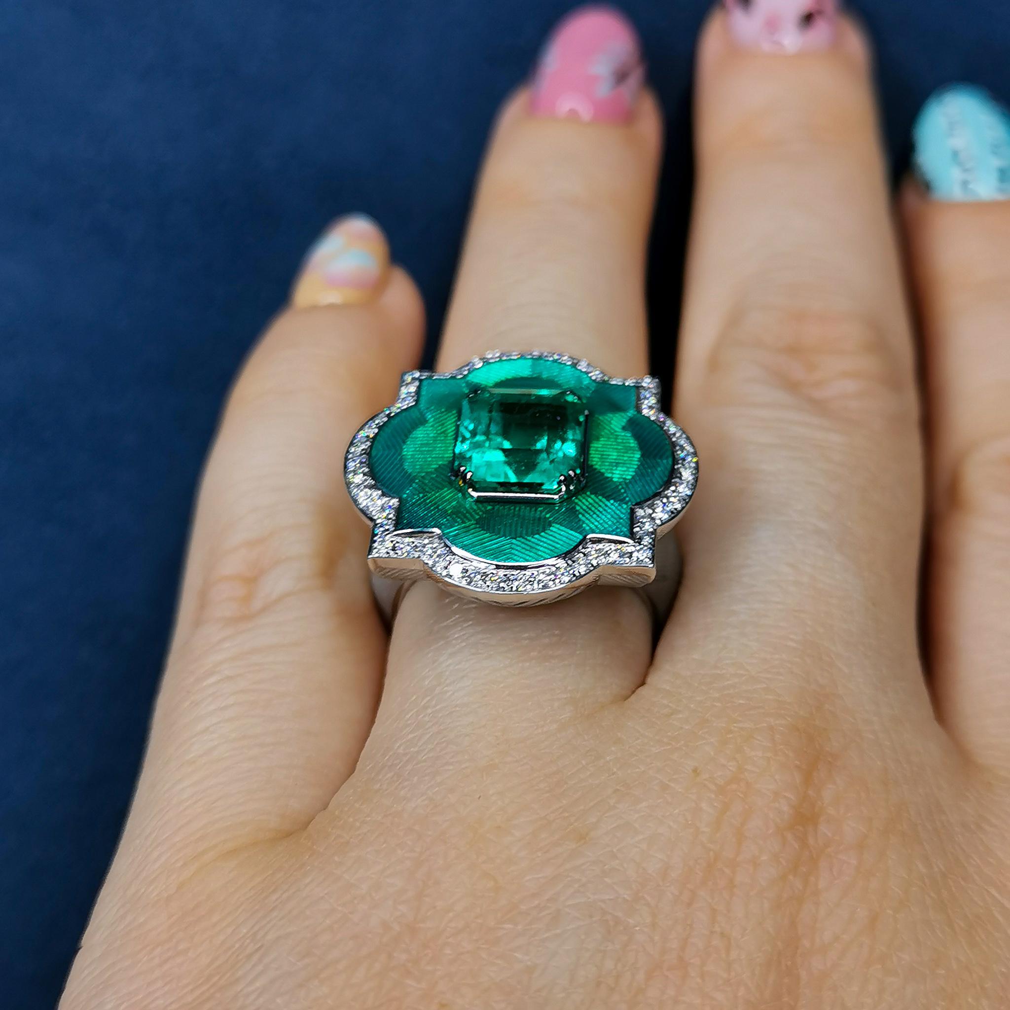 GRS Certified 3.55 Colombian Emerald Diamond Enamel 18 Karat Gold Cocktail Ring For Sale 2