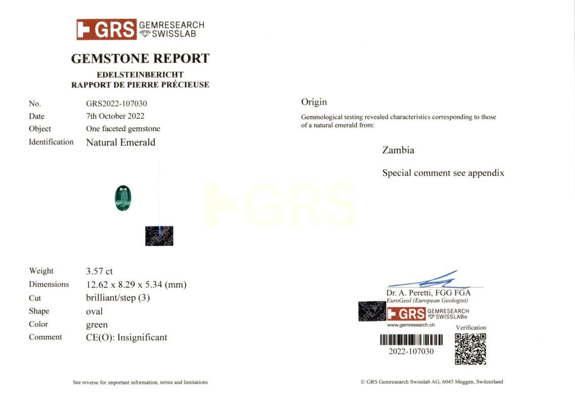 Contemporary GRS Certified 3.57 Carat Vivid Green Oval Emerald NO OIL Diamond Cocktail Ring For Sale