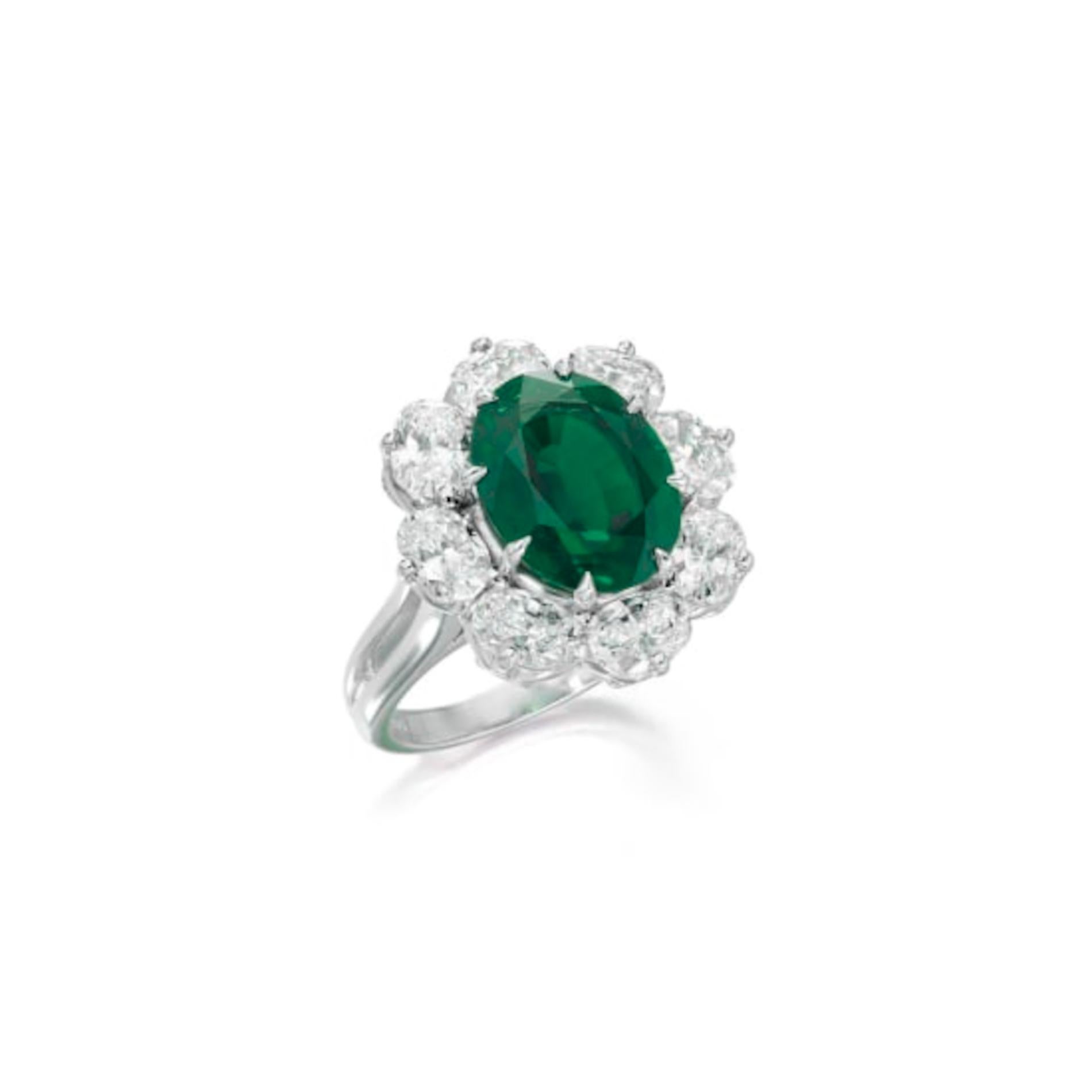 Oval Cut GRS Certified 3.57 Carat Vivid Green Oval Emerald NO OIL Diamond Cocktail Ring For Sale