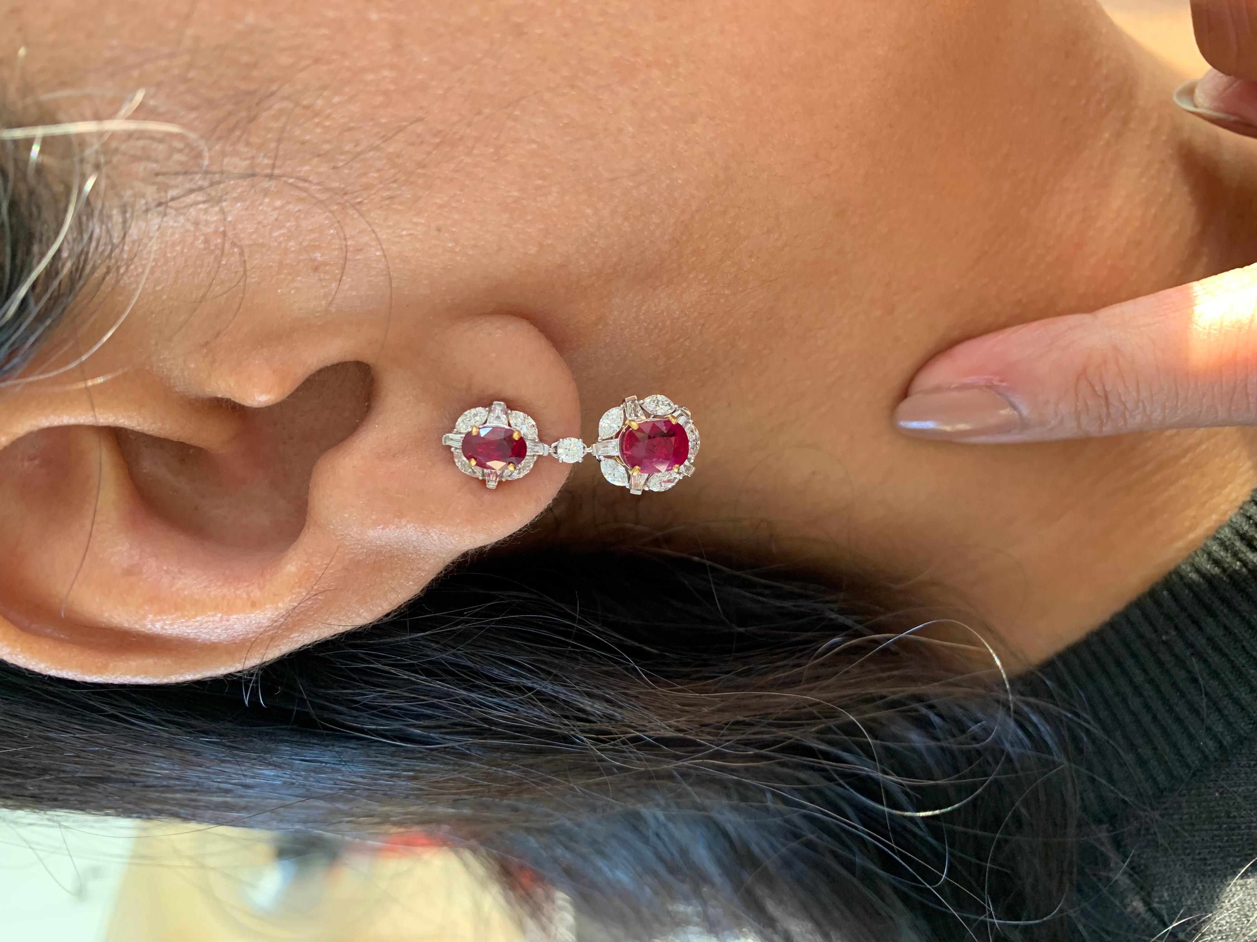 GRS Certified 3.58Carat Burmese No Heat Pigeon Blood Ruby and Diamond Earrings In New Condition In Bangkok, TH