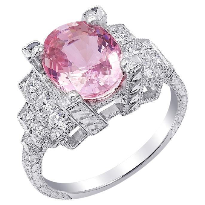 GRS Certified 3.61 Carats Padparadscha Sapphire Diamond set in Platinum Ring For Sale