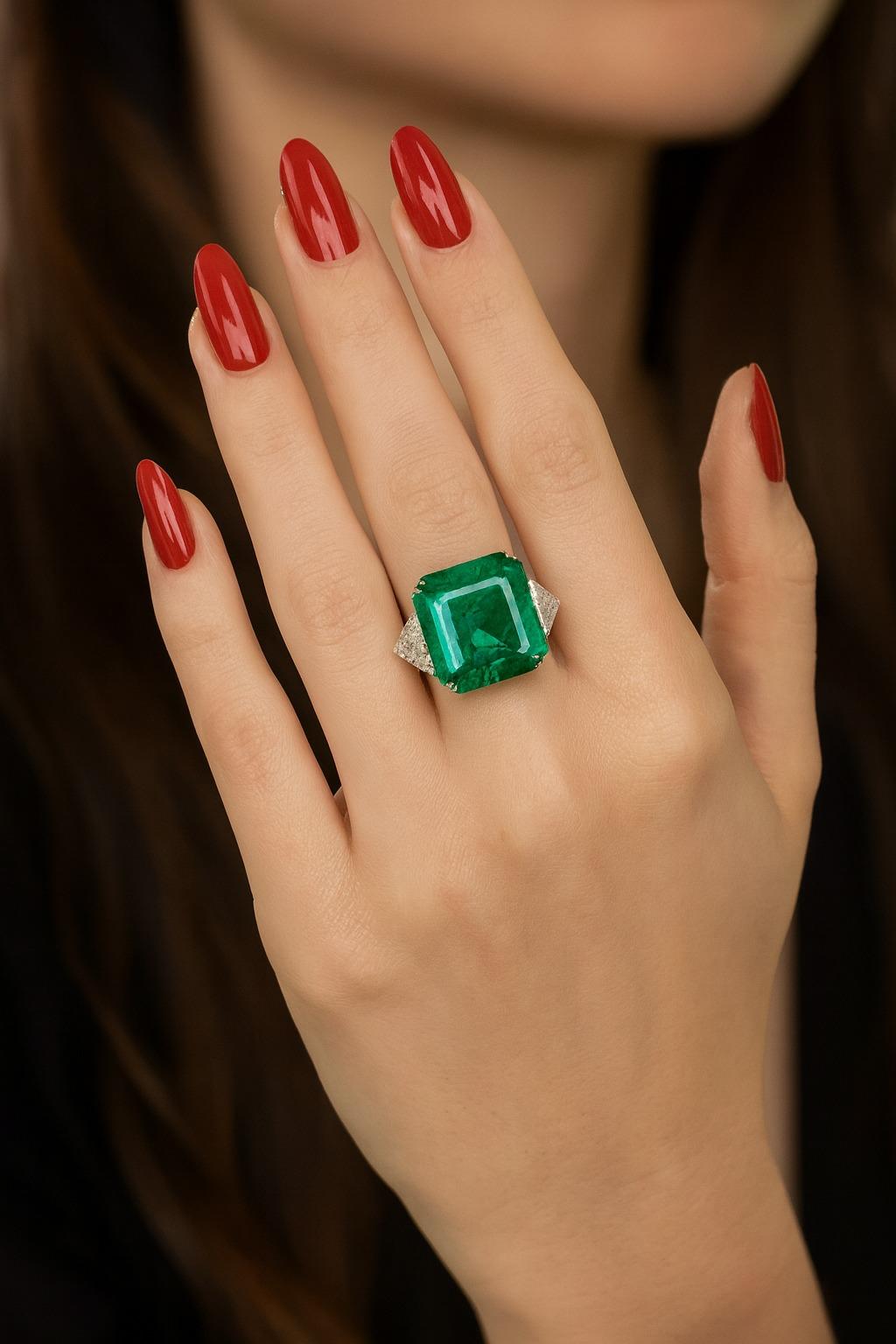 GRS Certified 36.18 Carat Colombian Emerald and Trillion Cut Diamond Platinum Ring

This exceptional jewel showcases a Colombian natural emerald of monumental size, weighing 36.18 carats, certified by GRS. The emerald displays a vivid green hue with