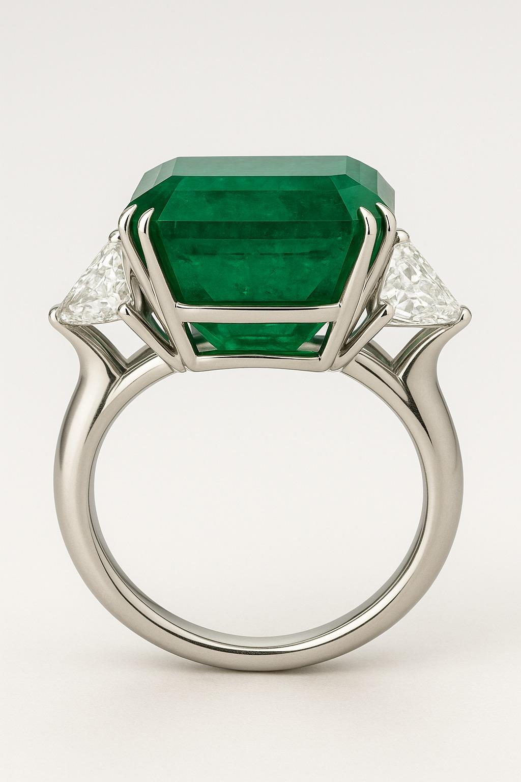 Modern GRS Certified 36.18 Carat Colombian Emerald and Trillion Cut Diamond Ring For Sale