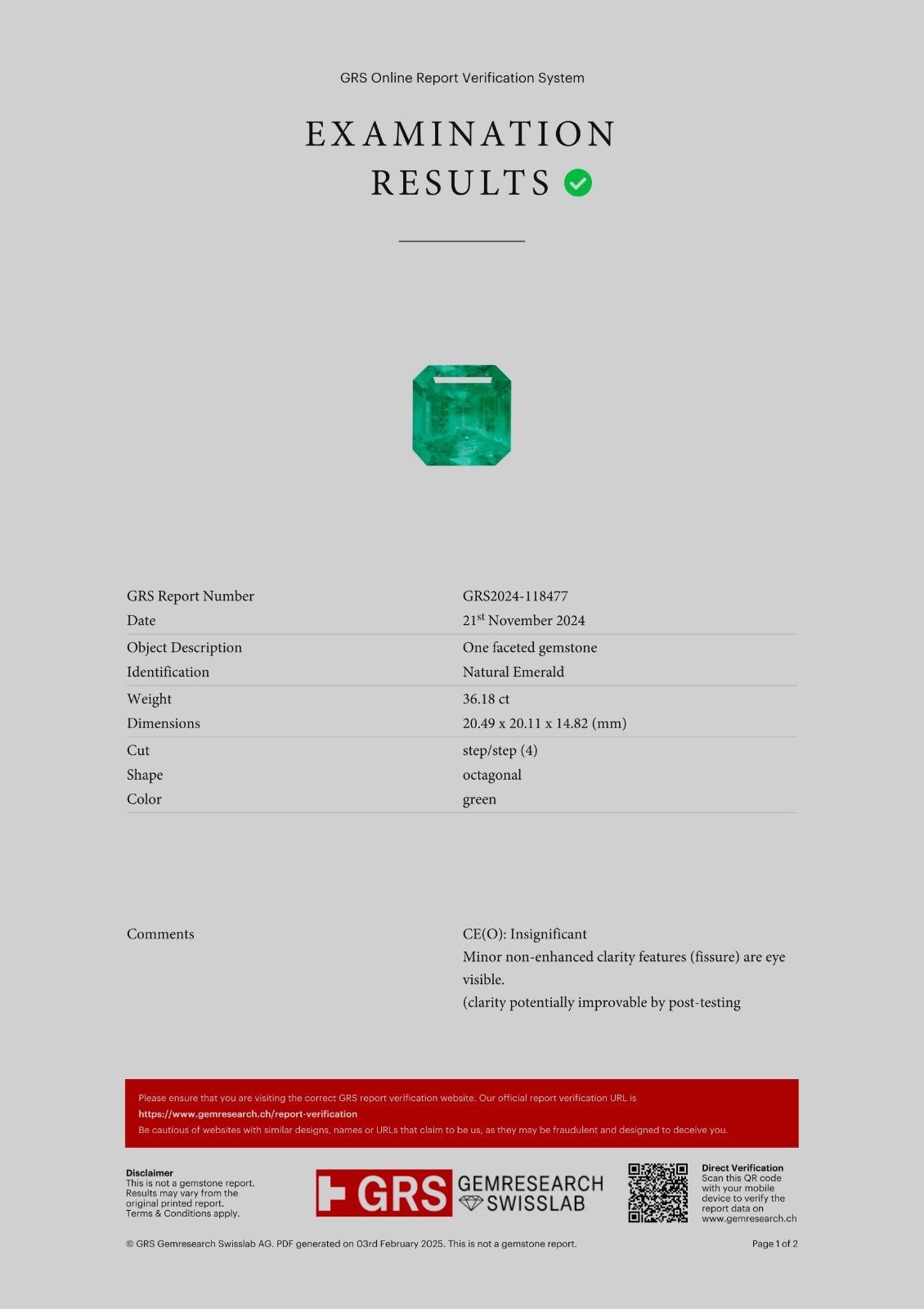 Emerald Cut GRS Certified 36.18 Carat Colombian Emerald and Trillion Cut Diamond Ring For Sale
