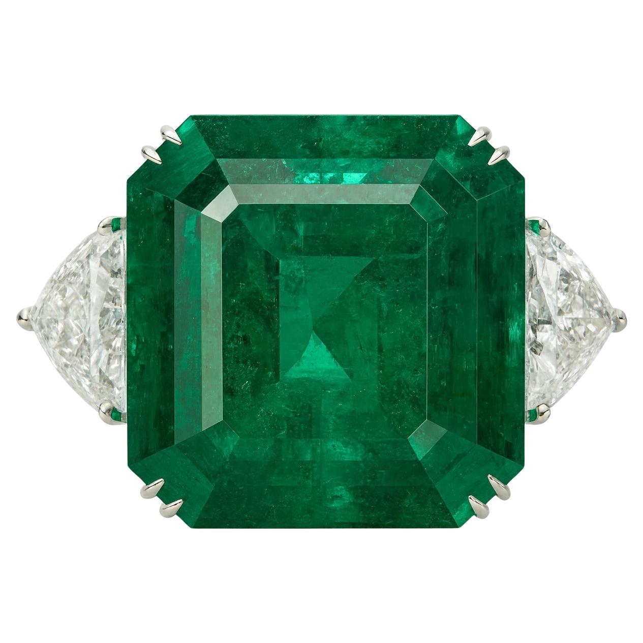 GRS Certified 36.18 Carat Colombian Emerald and Trillion Cut Diamond Ring For Sale