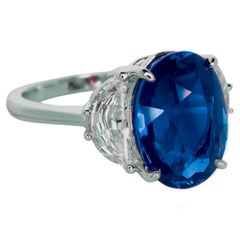 GRS Certified 3.70 Carat Ceylon Royal Blue Sapphire Half Moon Diamond Ring