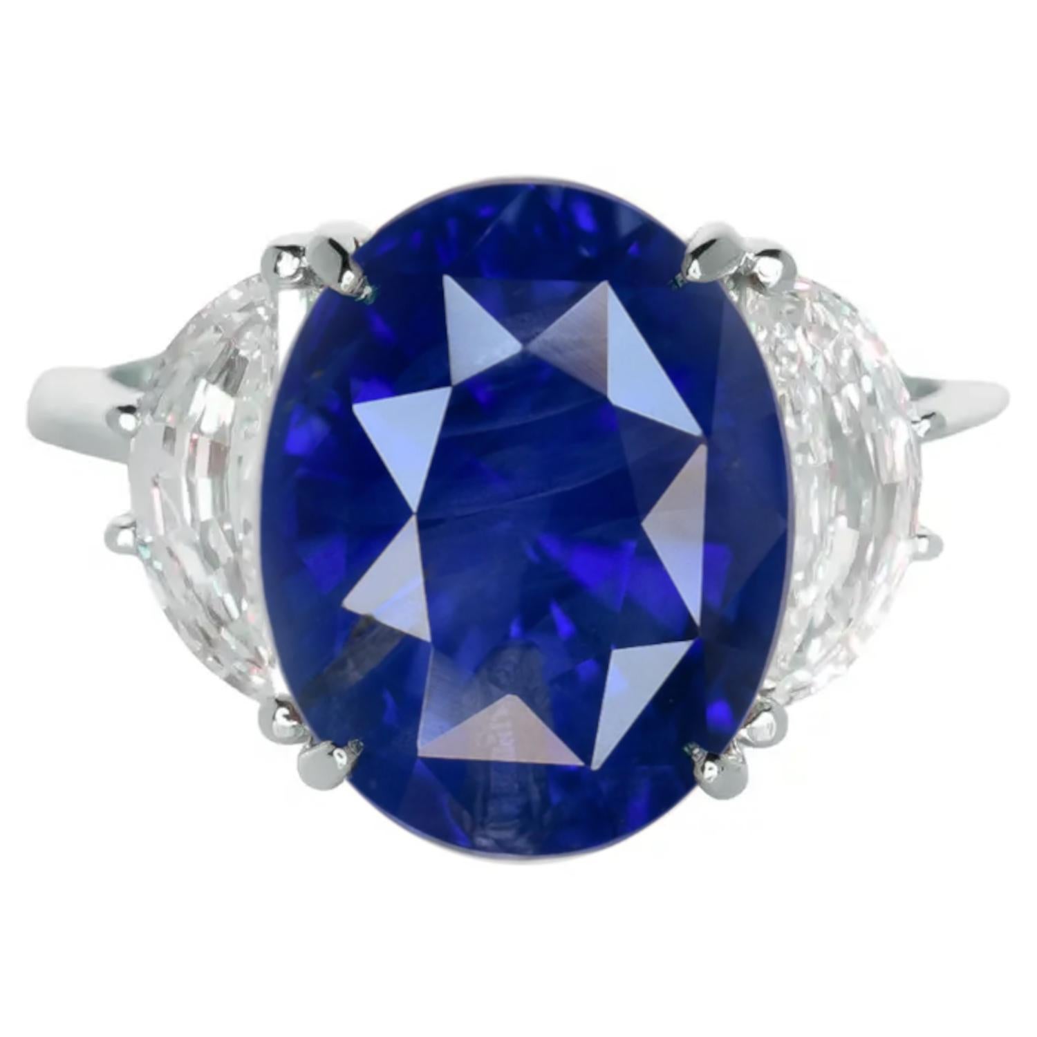 Oval Cut GRS Certified 3.70 Carat Ceylon Royal Blue Sapphire Half Moon Diamond Ring For Sale