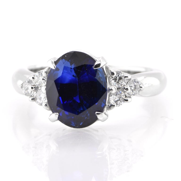A beautiful ring featuring a GRS Certified 3.70 Carat Natural Royal Blue Ceylon Sapphire and 0.24 Carats Diamond Accents set in Platinum. Sapphires have extraordinary durability - they excel in hardness as well as toughness and durability making
