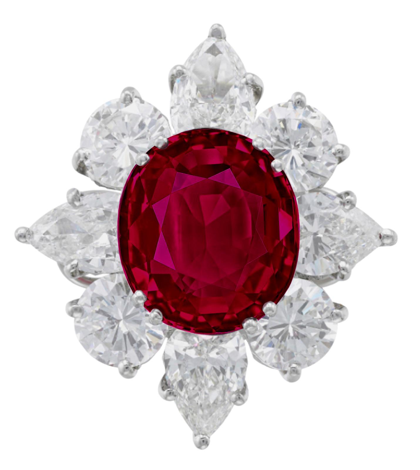 Oval Cut GRS Certified 4 Carat Burma Oval Ruby Pear and Round Diamond Cocktail Ring