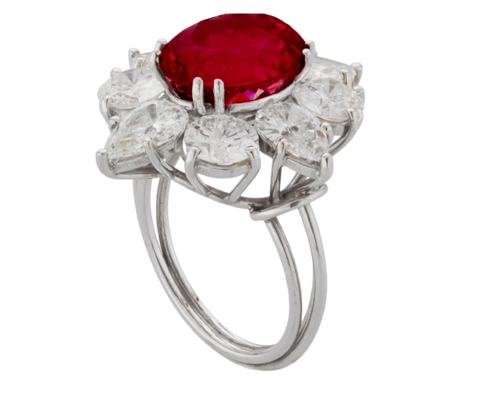 GRS Certified 4 Carat Burma Oval Ruby Pear and Round Diamond Cocktail Ring In New Condition In Rome, IT