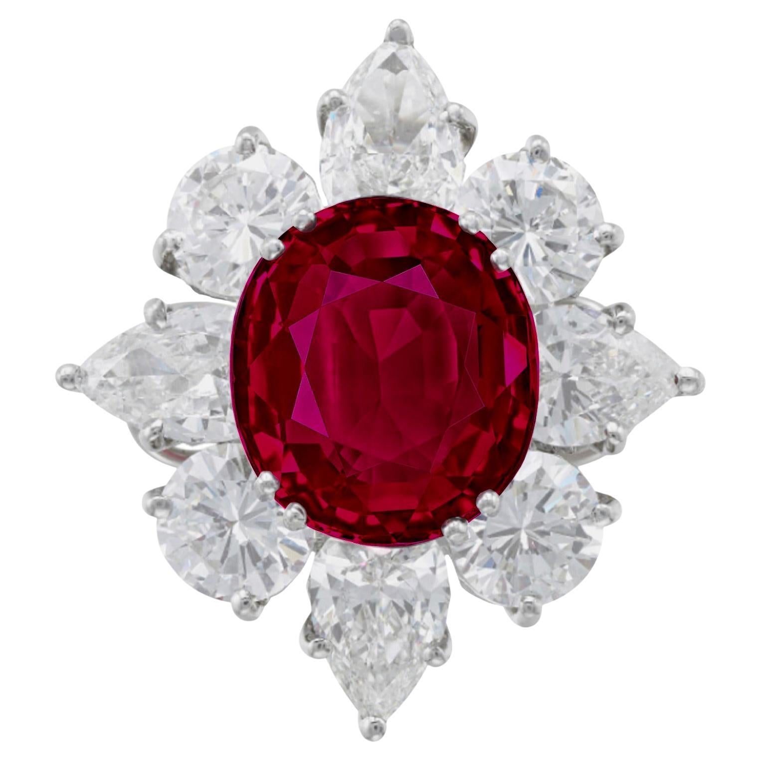 GRS Certified 4 Carat Burma Oval Ruby Pear and Round Diamond Cocktail Ring