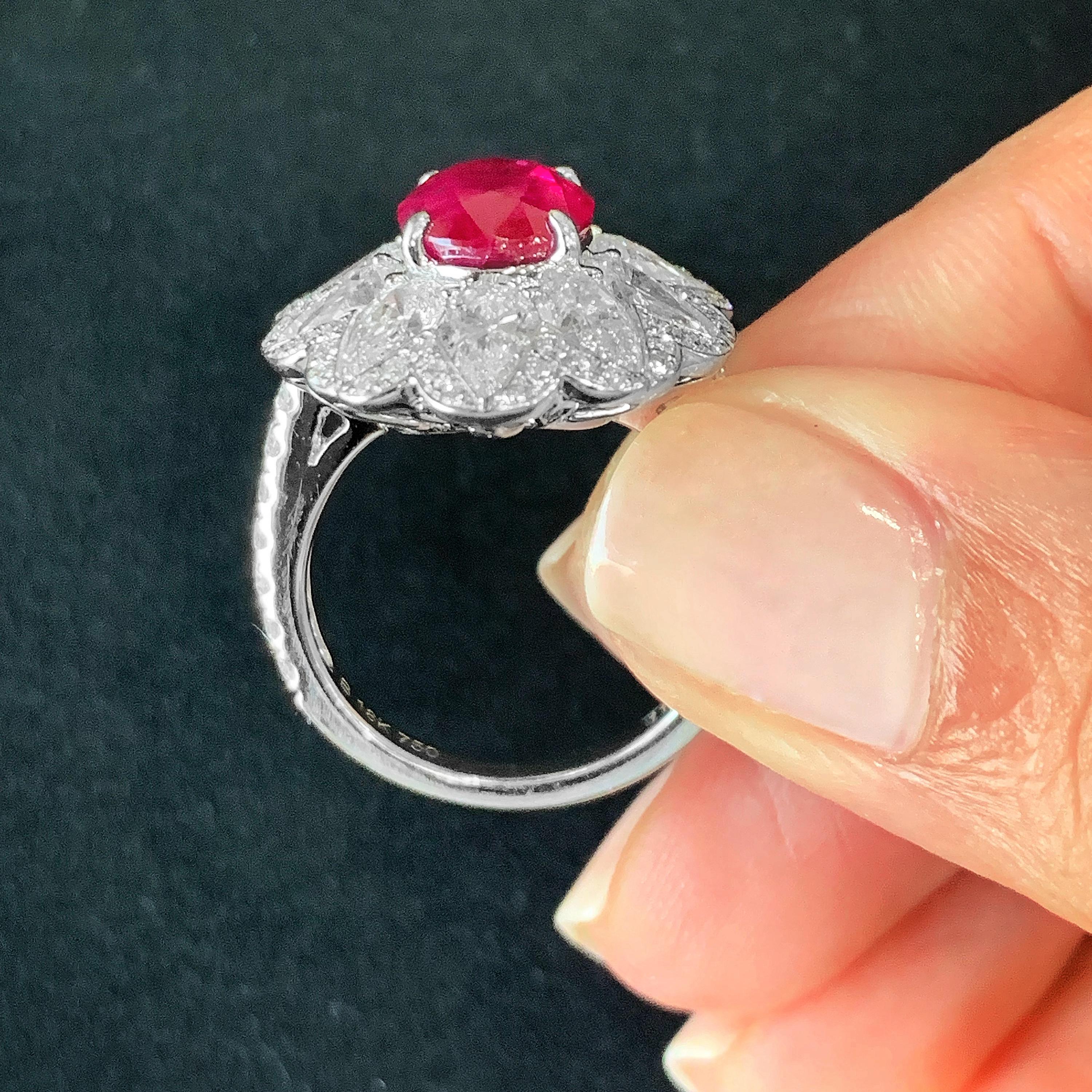 GRS Certified 3.80 Carat Oval Burma Ruby Diamond 18 Karat Gold Cocktail Ring In New Condition In Hong Kong, Kowloon