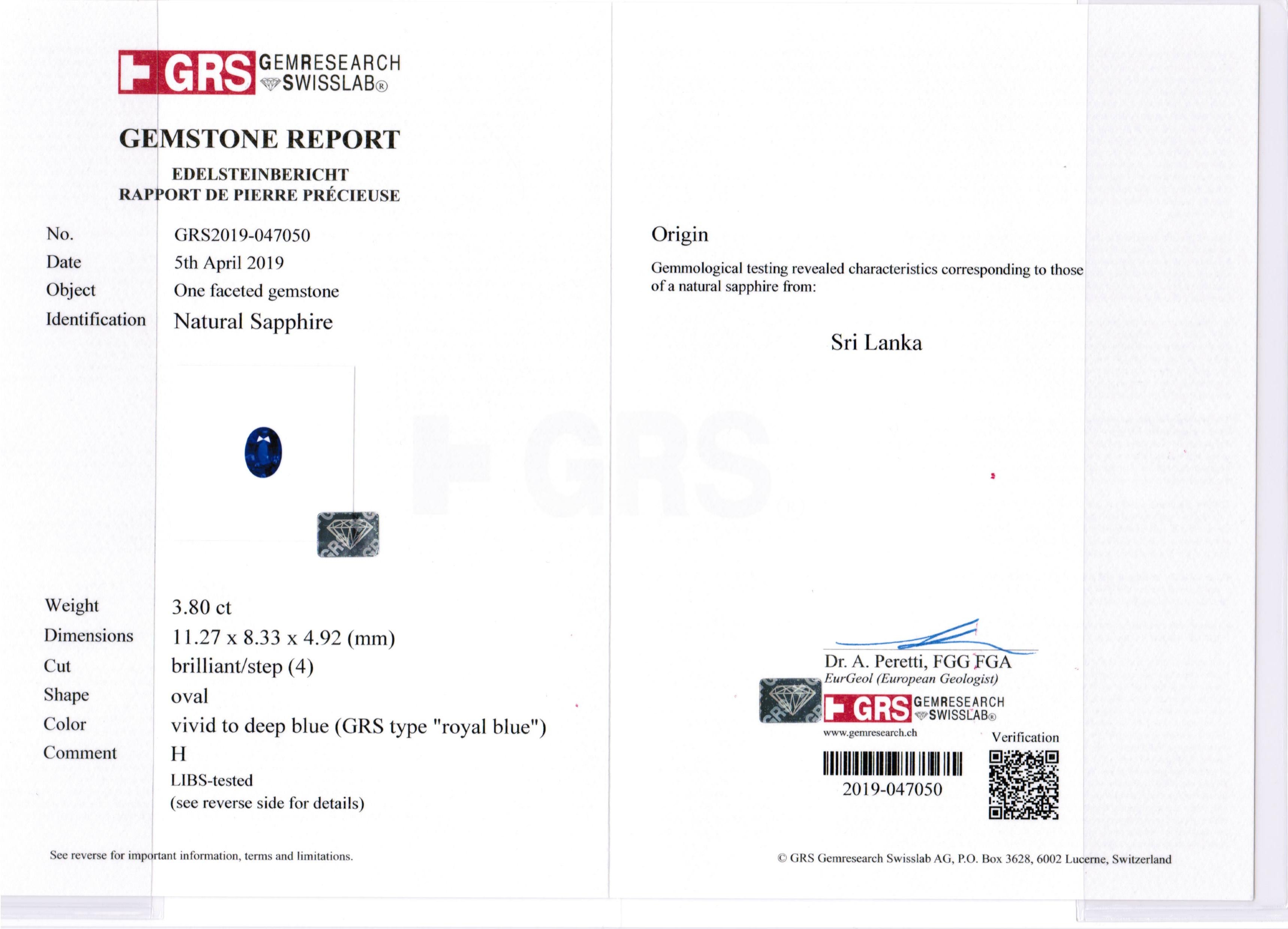 Contemporain Saphir ovale bleu royal certifié GRS de 3,80 carats en vente