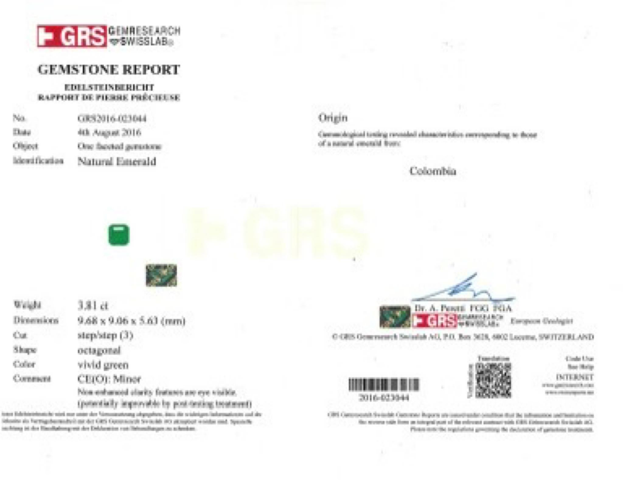 Women's or Men's GRS Certified 3.81 Carats Colombian Vivid Green Minor Emerald Ring For Sale