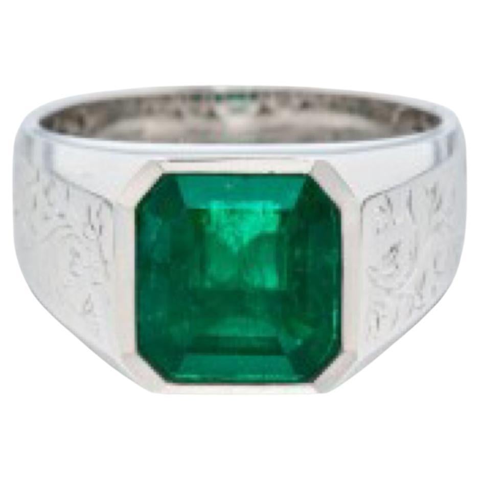 GRS Certified 3.81 Carats Colombian Vivid Green Minor Emerald Ring