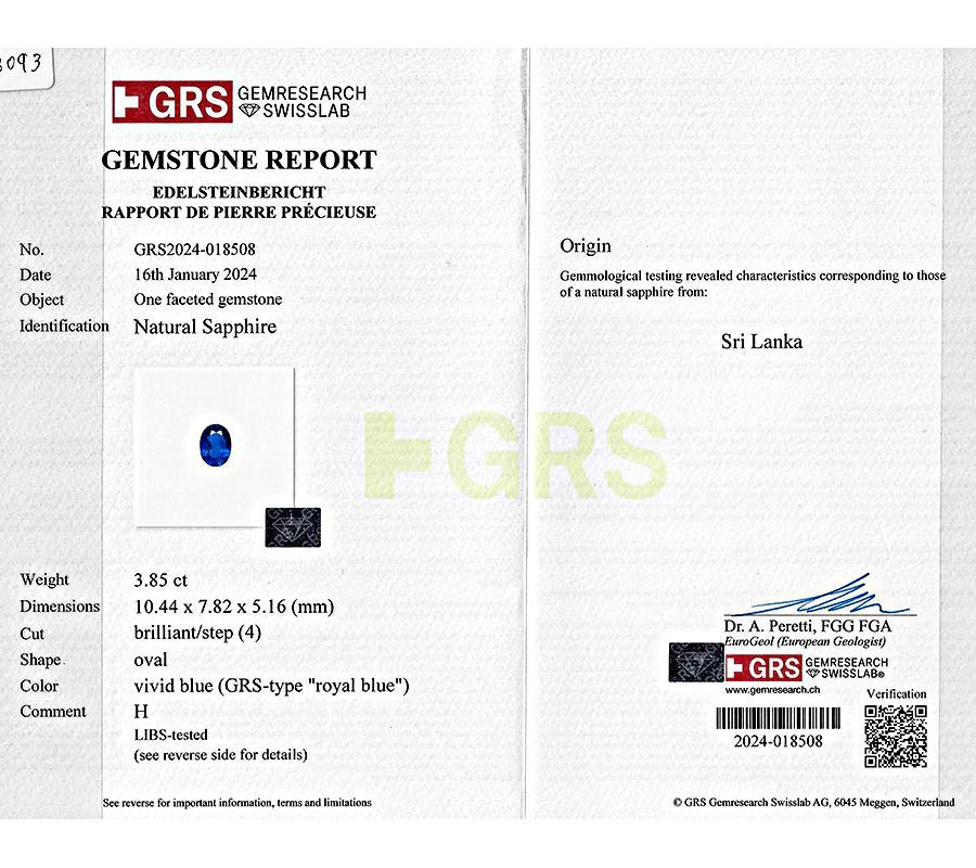 Anillo de diamantes con zafiro de Ceilán azul real certificado GRS de 3,85 ct en Bueno estado para la venta en New York, NY