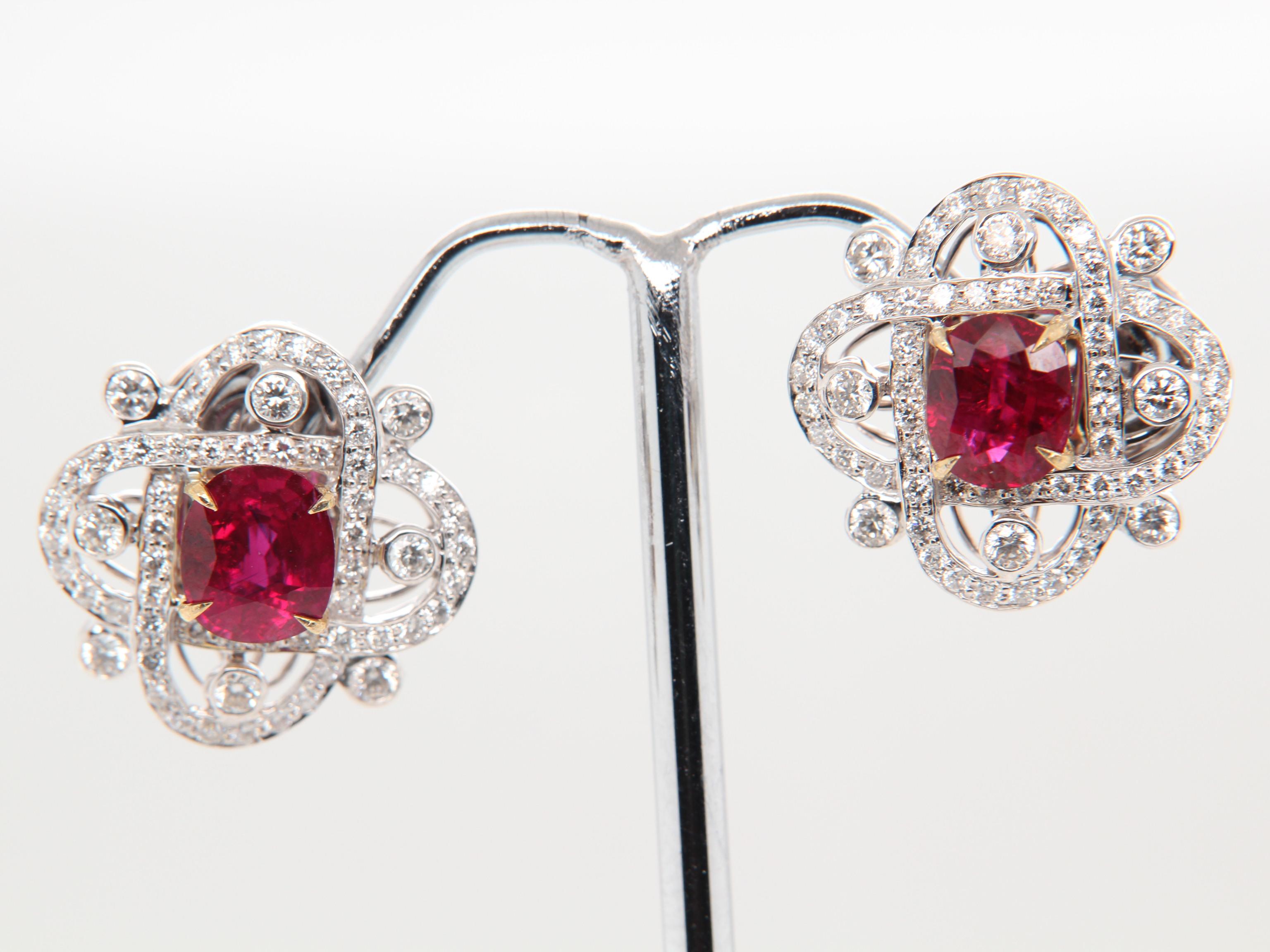 
A pair of vivid and lustrous pigeon blood Burmese rubies and diamond earrings. This rare piece follows a classic and trendy theme, making the earrings appropriate for many settings. The ruby weighs 3.03 carat and is certified by Gem Research