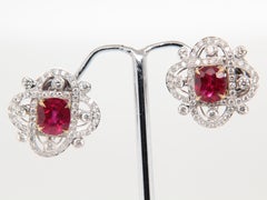 GRS Certified 3ct Burmese 'Pigeon Blood' Ruby and Diamond Earring in 18K Gold