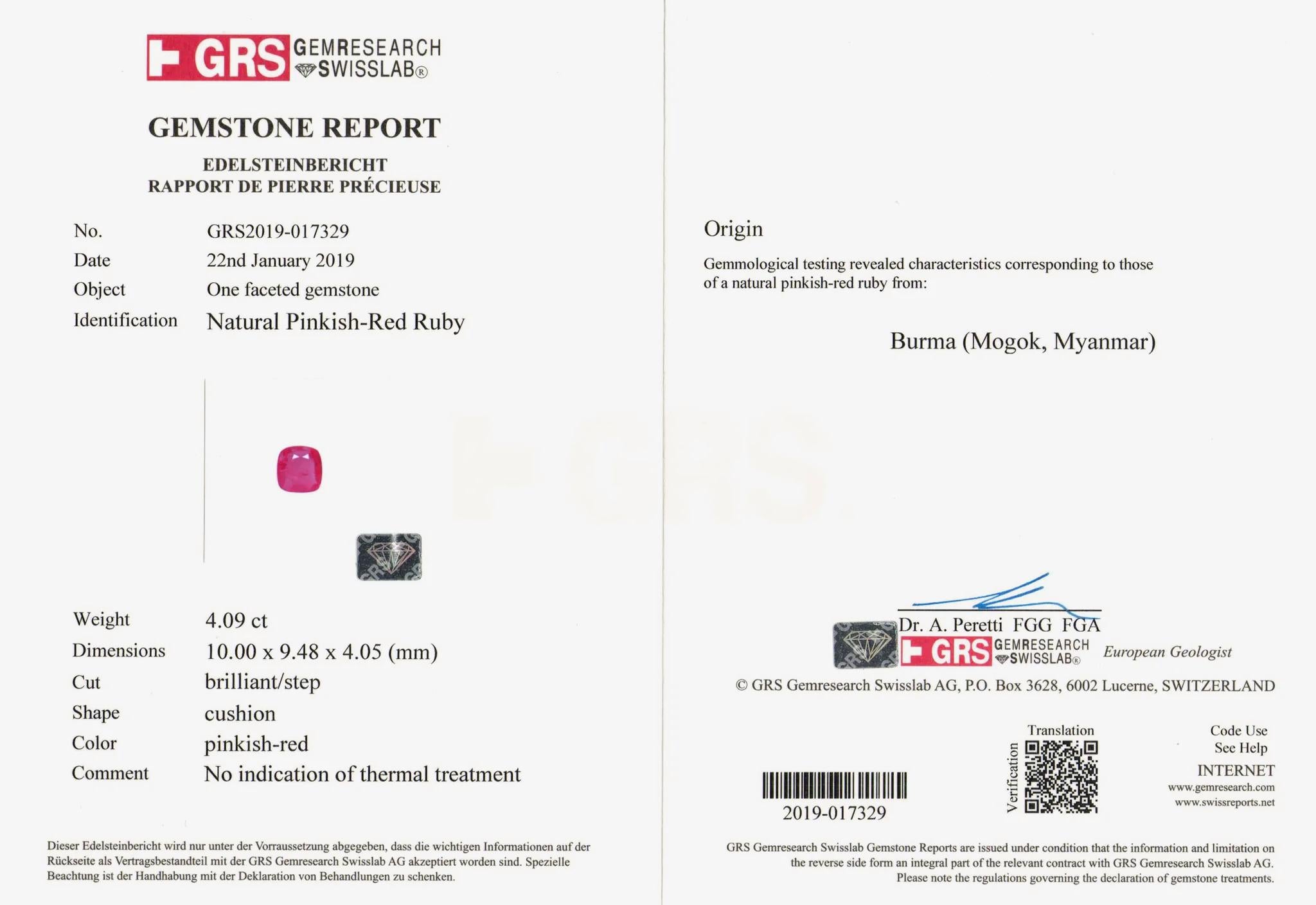 GRS-zertifizierter 4 Karat roter Rubin-Diamantring (Kissenschliff) im Angebot
