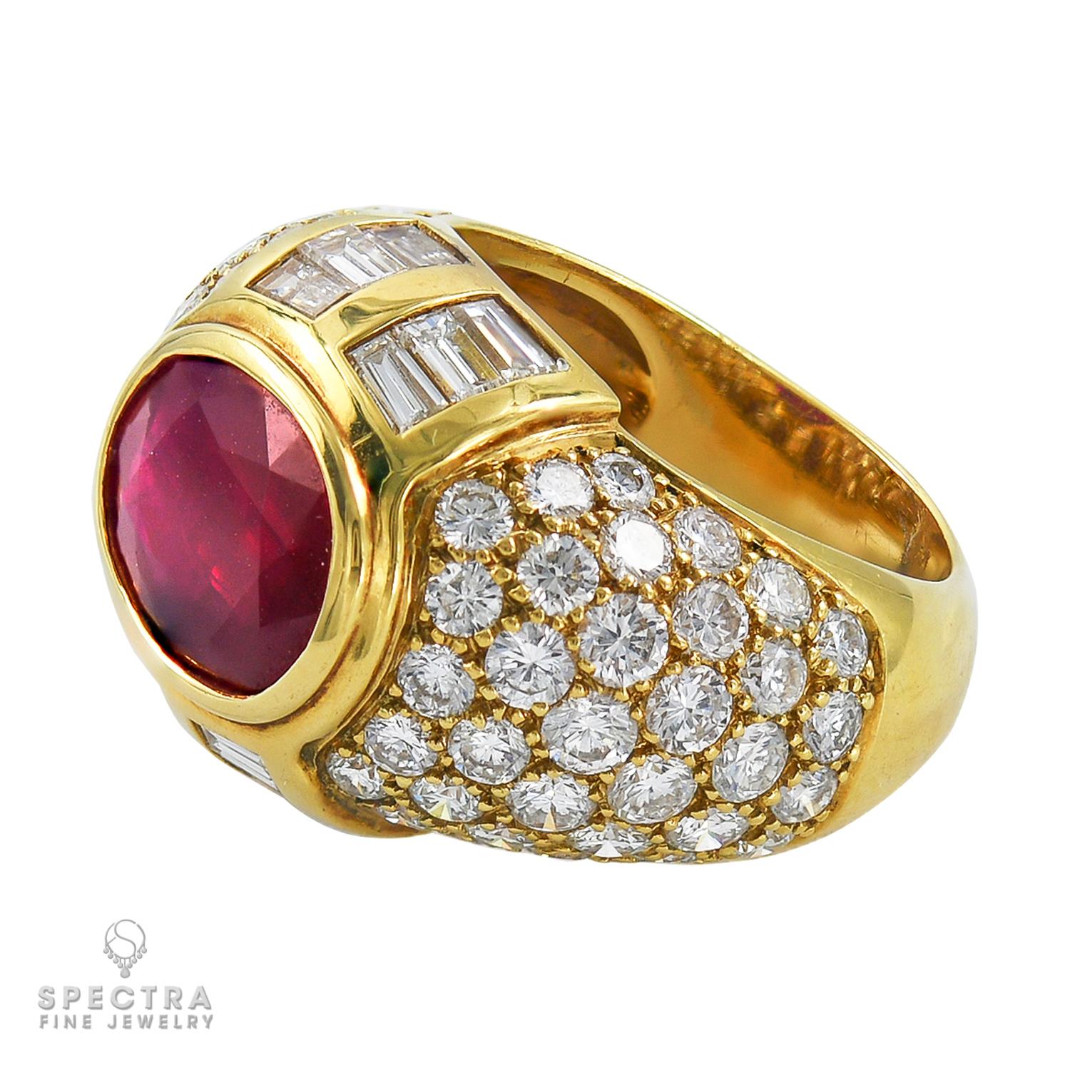 This exquisite ring boasts a stunning 4.0-carat oval ruby at its center, certified by GRS as originating from Burma and having undergone heat treatment to enhance its natural beauty. The ruby is surrounded by 2.50 carats of round brilliant diamonds