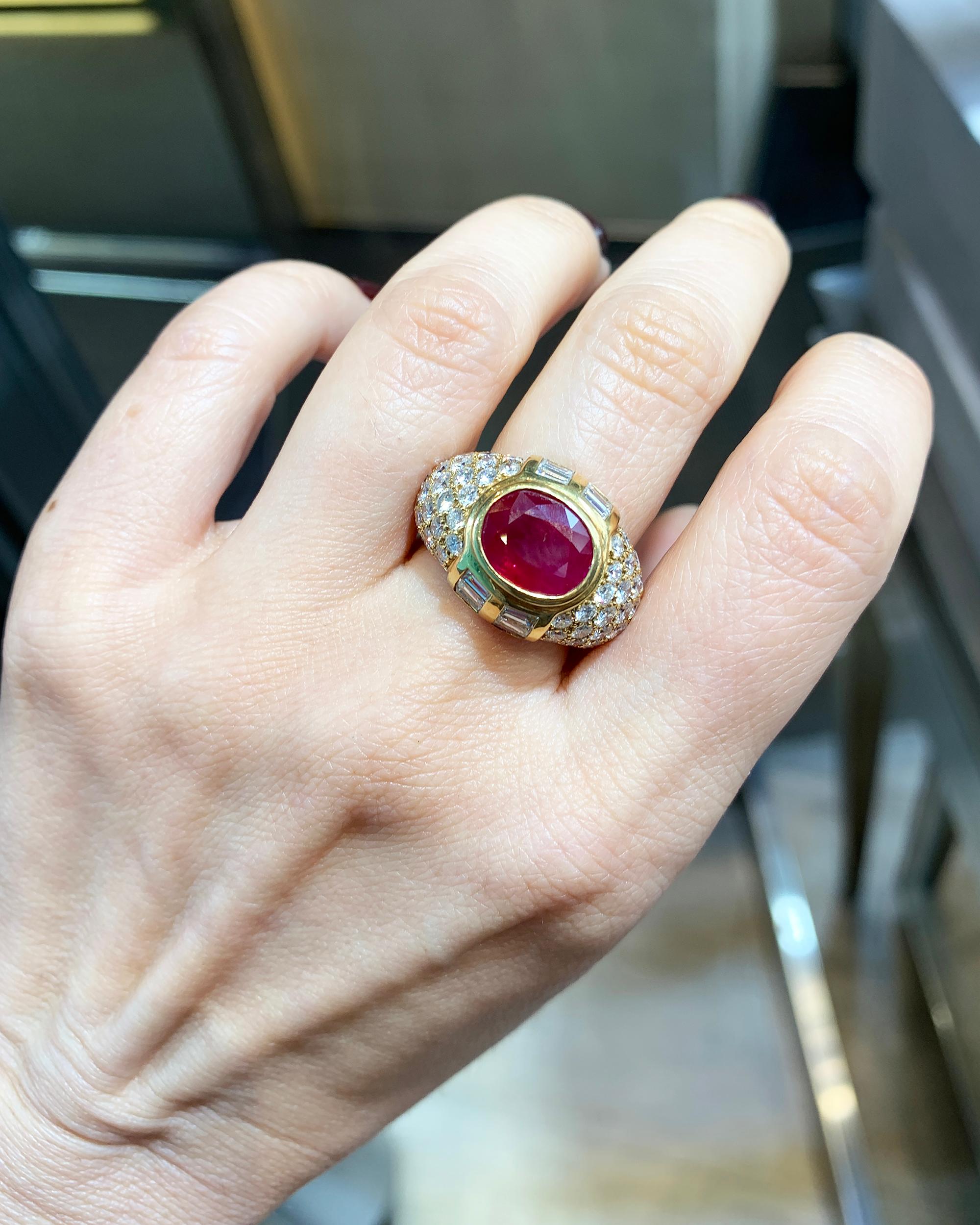 Mixed Cut GRS Certified 4 Carat Ruby Diamond French Cocktail Ring, circa 1980s For Sale