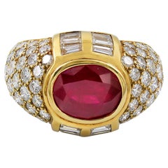 Bague de cocktail française certifiée GRS, 4 carats, rubis et diamant, circa 1980