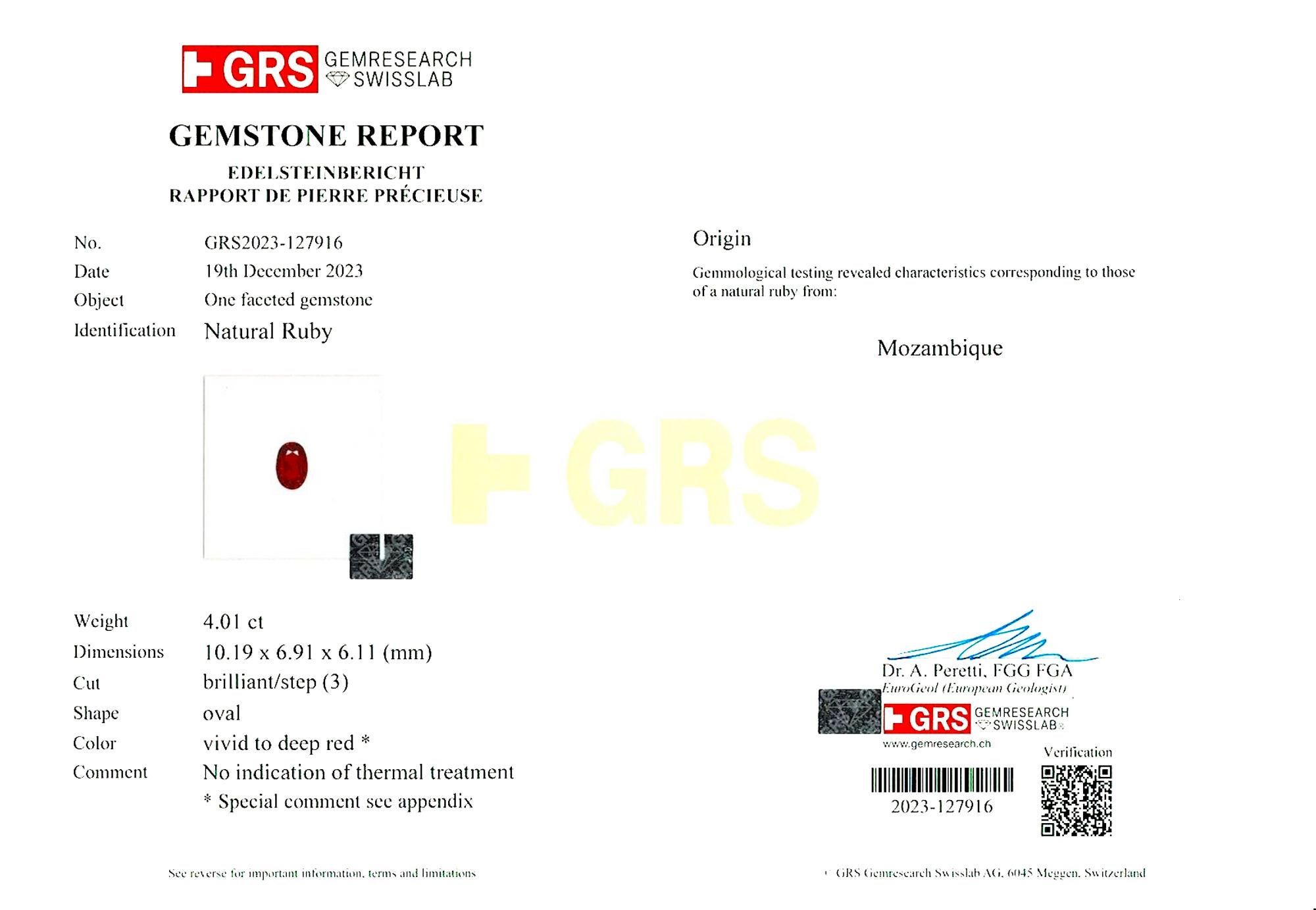 GRS Certified 4 VIVID TO DEEP RED NO HEAT Ruby Diamond Ring In condizioni Nuovo in vendita a Chicago, IL