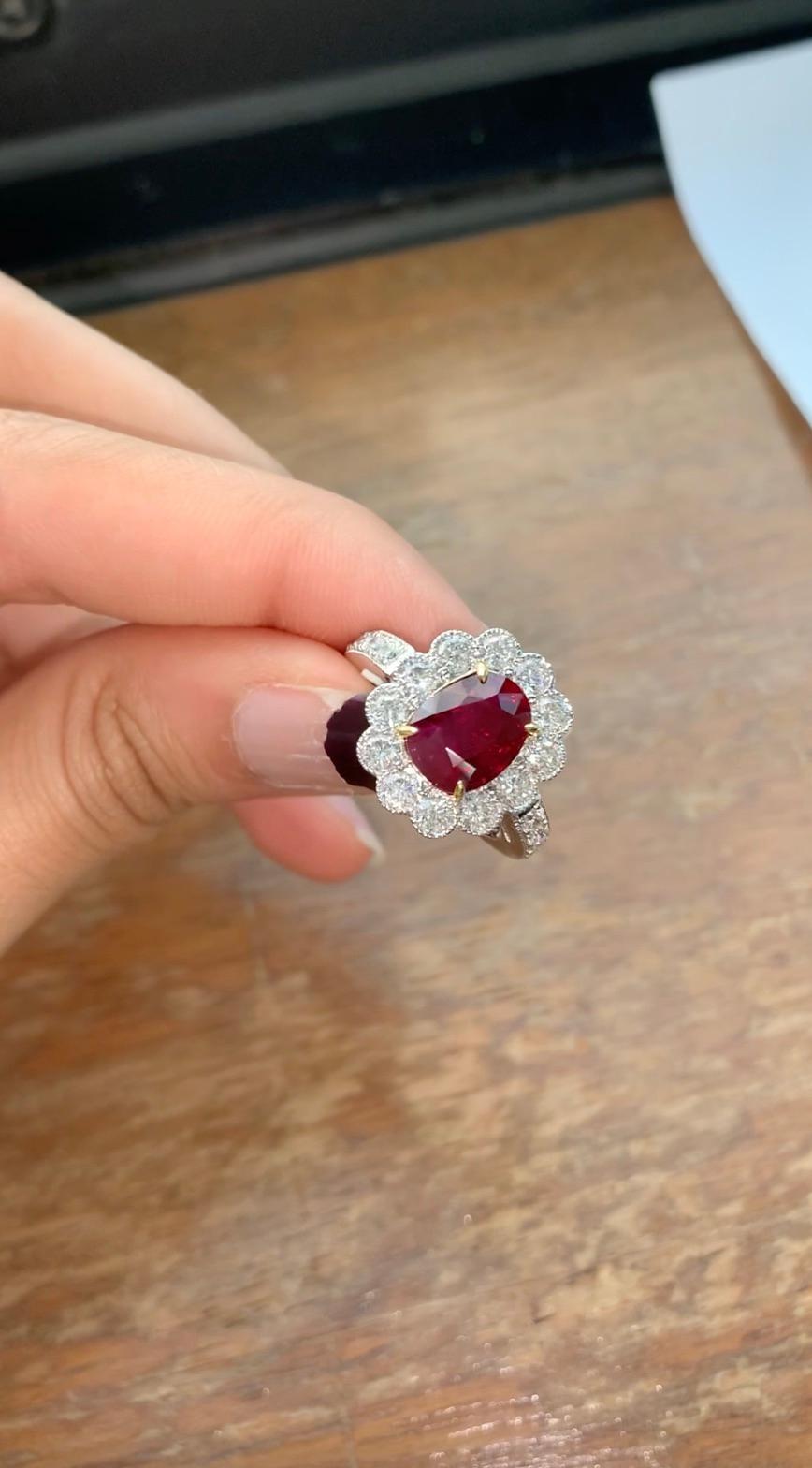 A brand new handcrafted ruby ring by Rewa Jewels. The ring's center stone is 4.01 carat Burmese ruby certified by Gem Research Swisslab (GRS) as natural, unheated, 'Pigeon blood' with the certificate number: 2023-101134. The stone has an additional