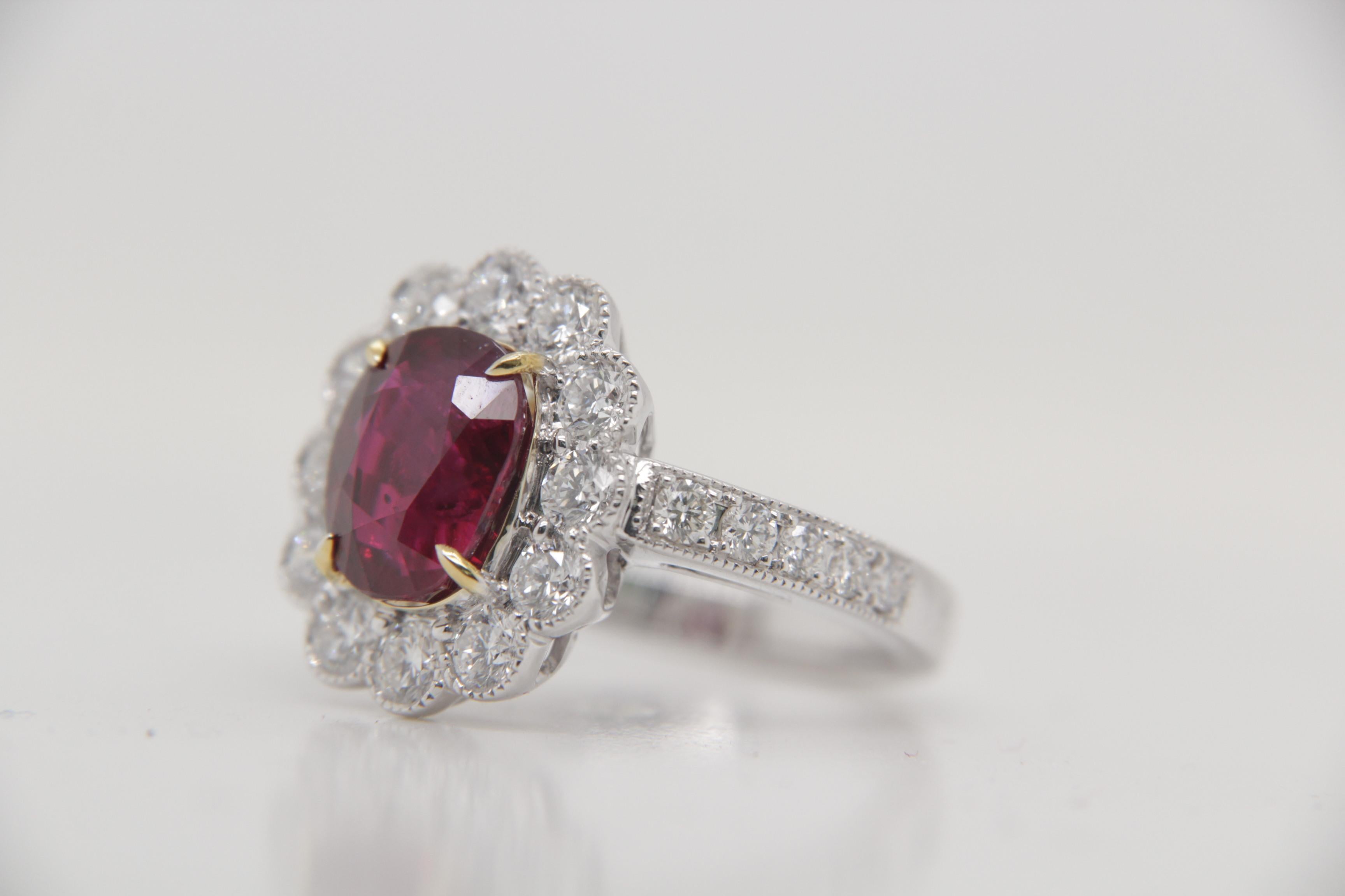 GRS Certified 4.01 Carat Burmese Ruby No Heat Pigeon Blood Ring in 18k Gold In New Condition In Bangkok, TH