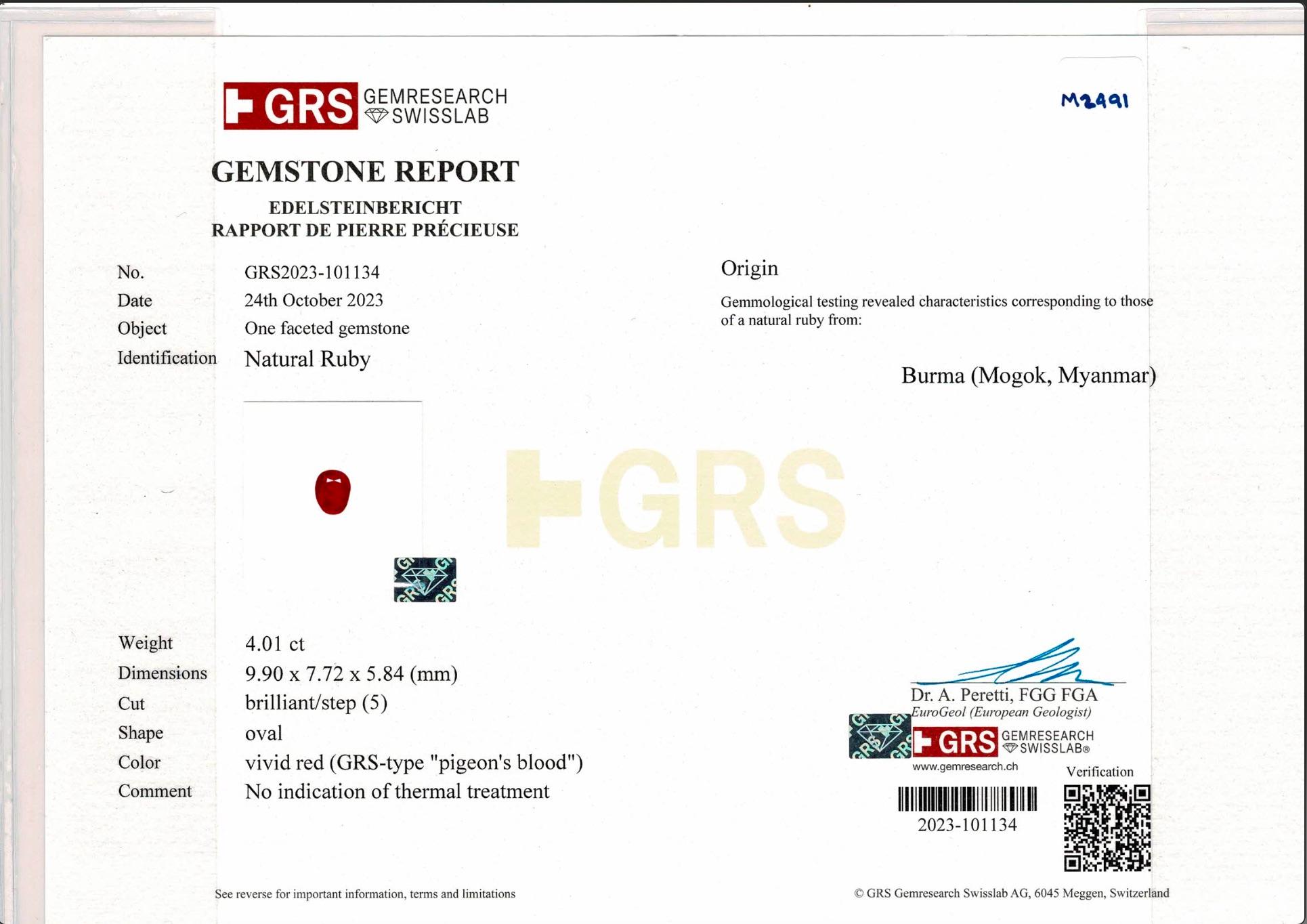 GRS Certified 4.01 Carat Burmese Ruby No Heat Pigeon Blood Ring in 18k Gold 2