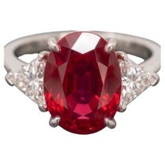 GRS Certified 4.01 Carat Unheated Mozambique Ruby & Diamond Platinum Three-Stone