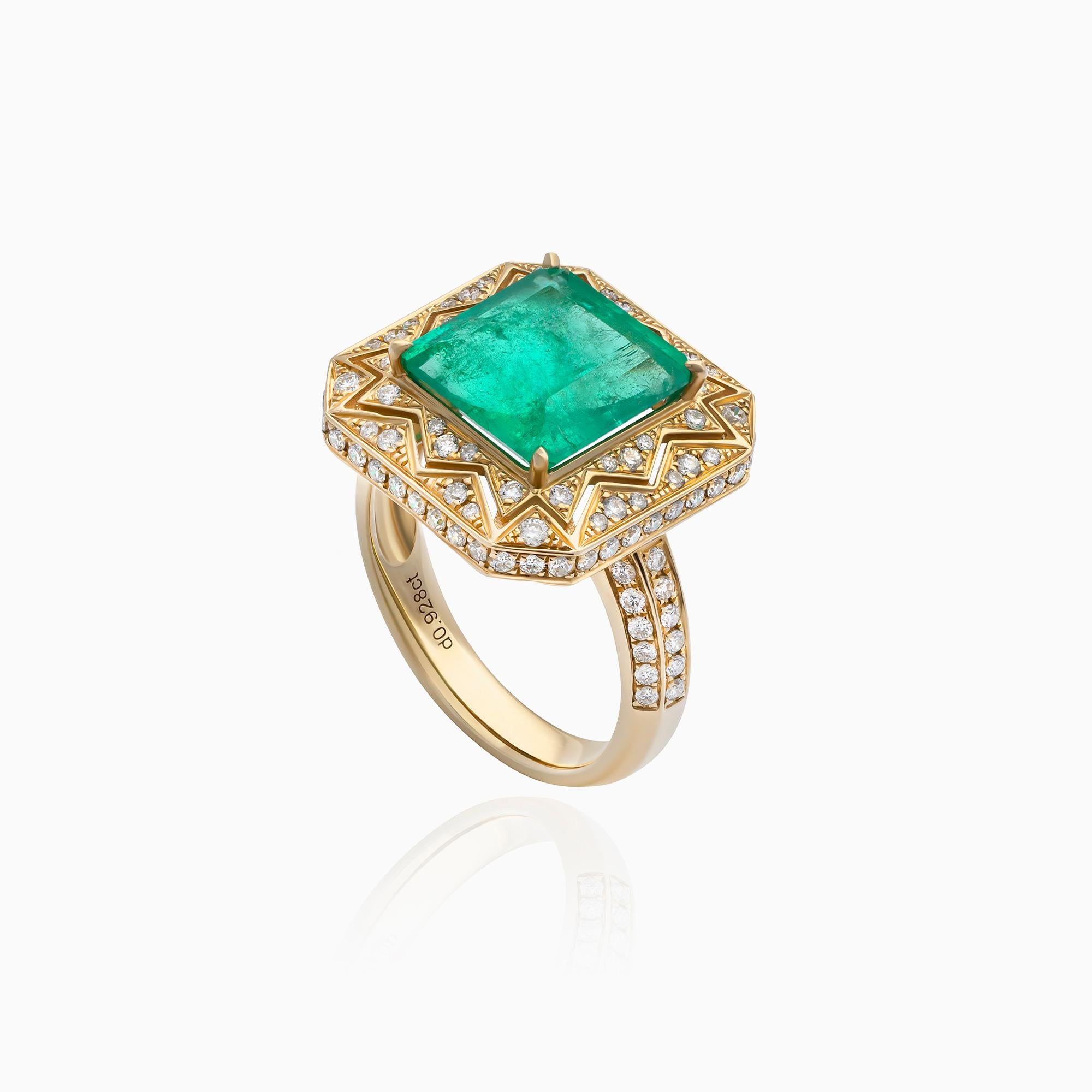 Bague émeraude de Colombie, 4,01 carats, bague diamant, 0,92 carats, or jaune 14K, certifié GRS. Cette bague exceptionnelle est réalisée en or jaune 14 carats et présente une émeraude naturelle de Colombie de taille octogonale, pesant environ 4,01