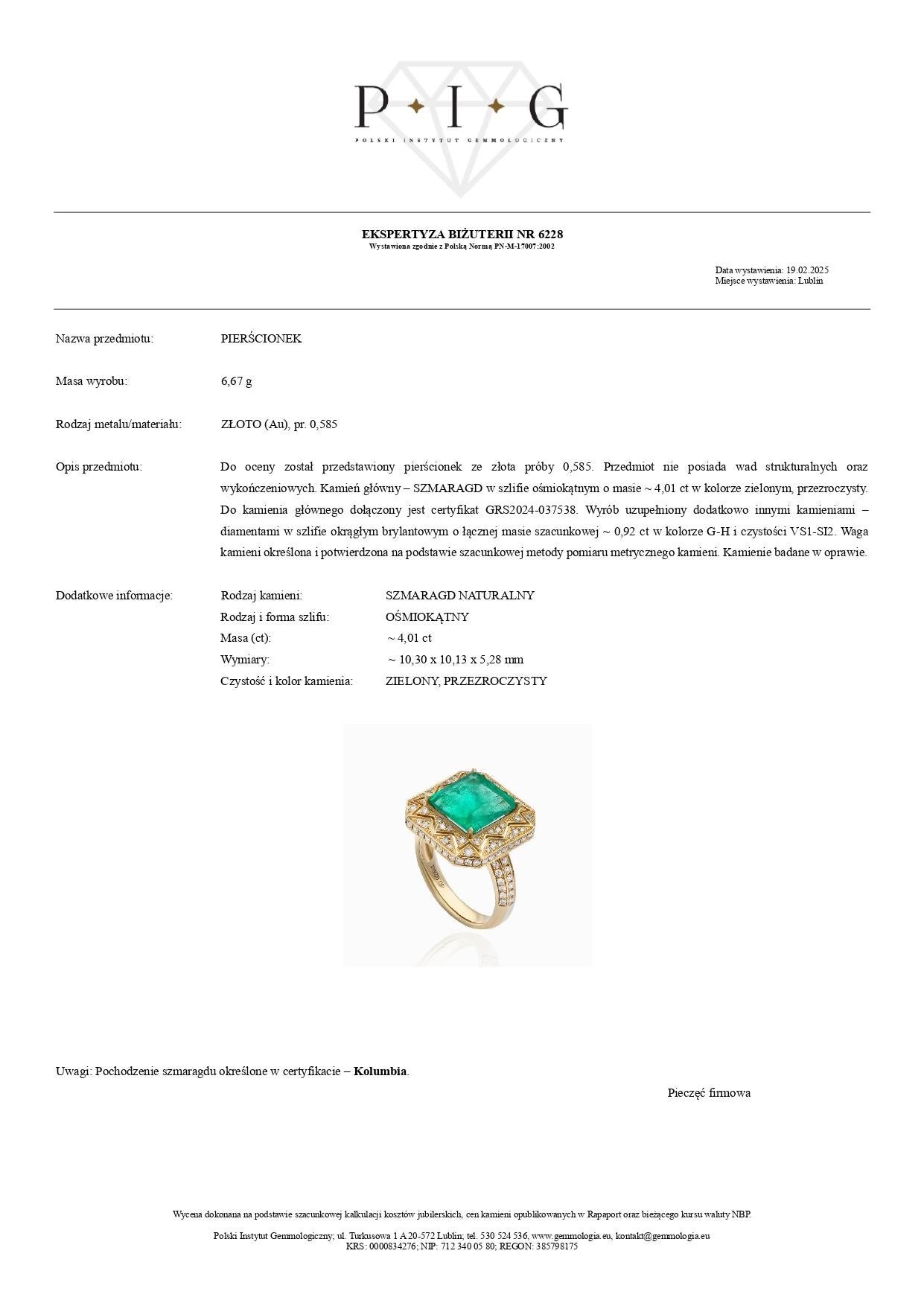 Bague certifiée GRS de 4,01 ct d'émeraude colombienne et 0,92 ct de diamant en or jaune 14K Neuf - En vente à Warszawa, PL