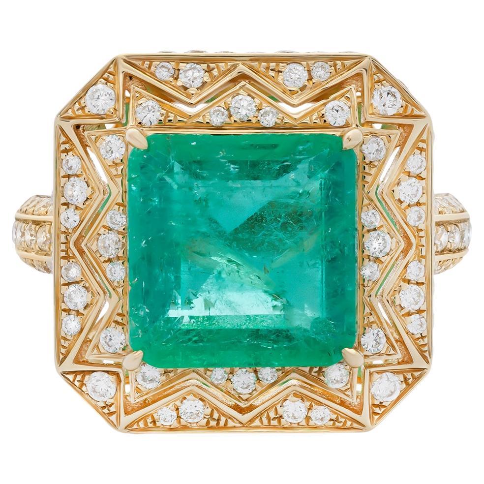 Bague certifiée GRS de 4,01 ct d'émeraude colombienne et 0,92 ct de diamant en or jaune 14K en vente