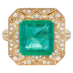 GRS Certified 4.01 Ct Colombian Emerald and 0.92 Ct Diamond Ring in 14K Yellow G