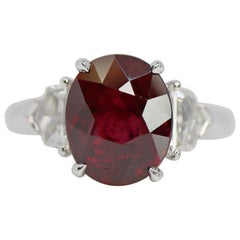 GRS Certified 4.04 Carat Oval Vivid Red Ruby and Diamond Ring