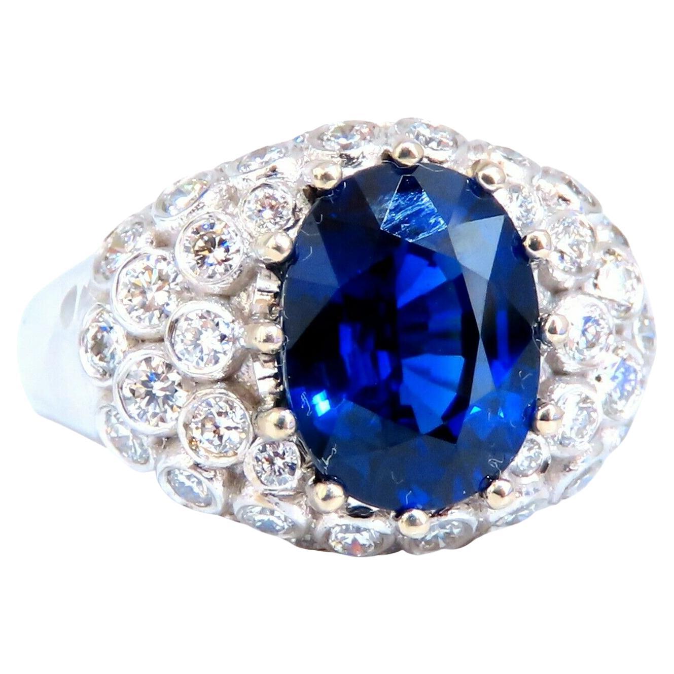 GRS Certified 4.05ct Natural No Heat Vivid Deep Blue Sapphire Diamonds Ring 14kt For Sale