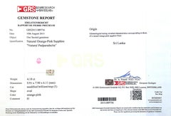 Natural Padparadscha Sapphire Gemstone 4.10 cts in 14KWG Ring w Dia / GRS Report