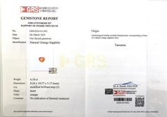Natural Unheated Orange Sapphire Gemstone 4.10 carats with GRS Report