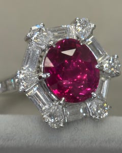 GRS Certified 4.11 Carat Mozambique No Heat Ruby White Diamond Gold Ring