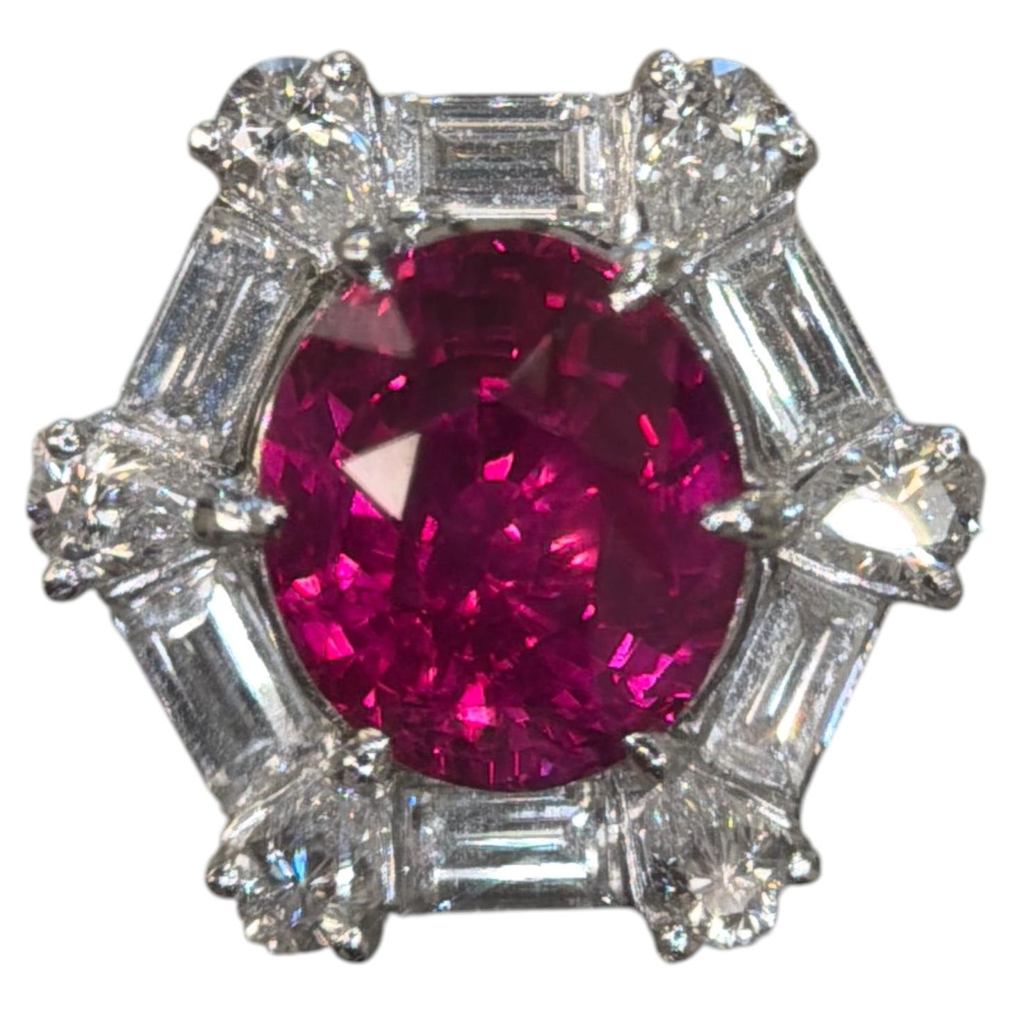 GRS Certified 4.11 Carat Mozambique No Heat Ruby White Diamond Gold Ring