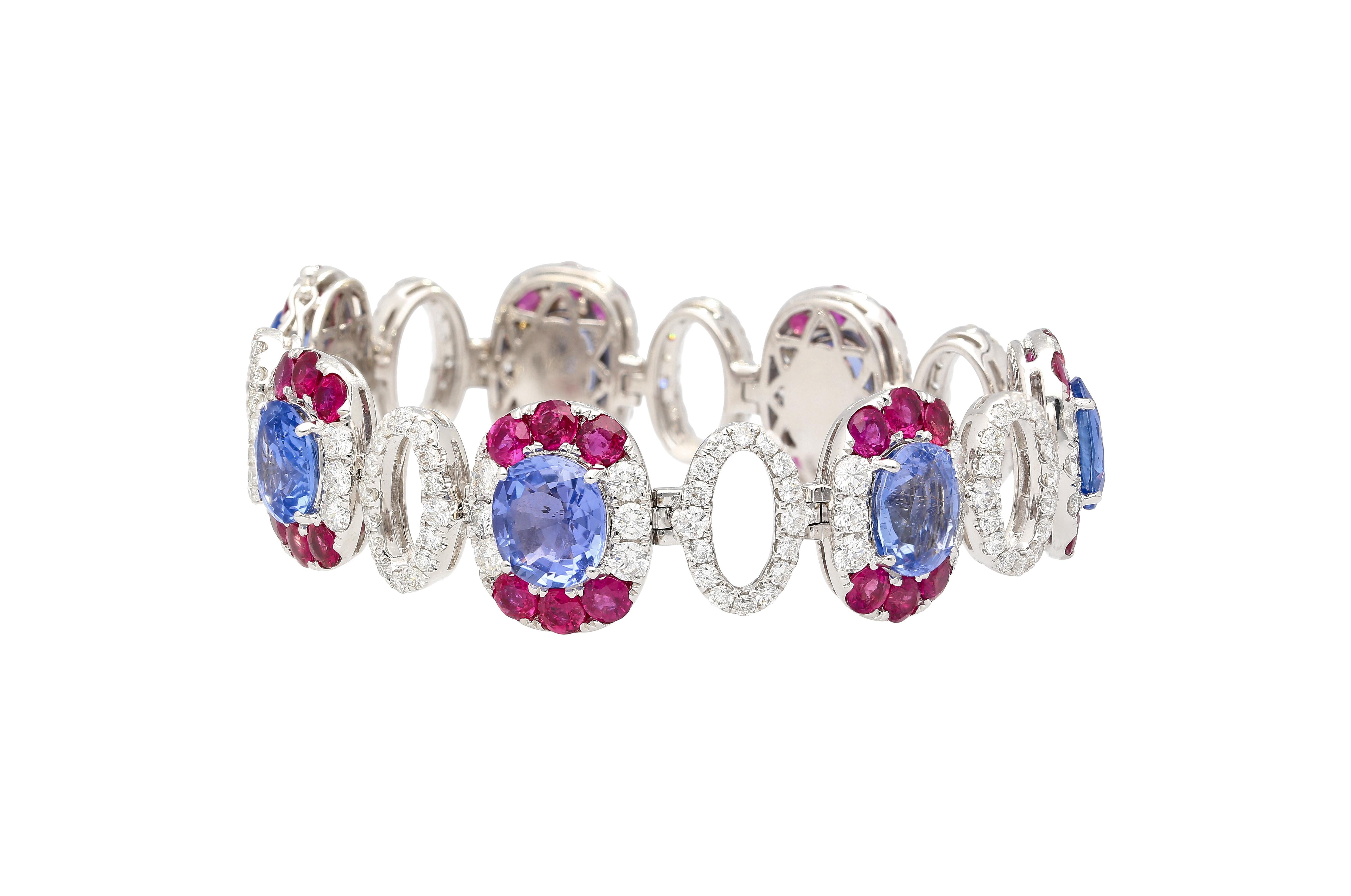 GRS Certified 41.17 CTTW No Heat Oval Blue Sapphire, Ruby, Diamond 18K Bracelet In New Condition For Sale In Miami, FL
