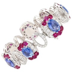 Bracelet 18 carats, certifié GRS, 41,17 carats, sans chaleur, saphir bleu ovale, rubis et diamants