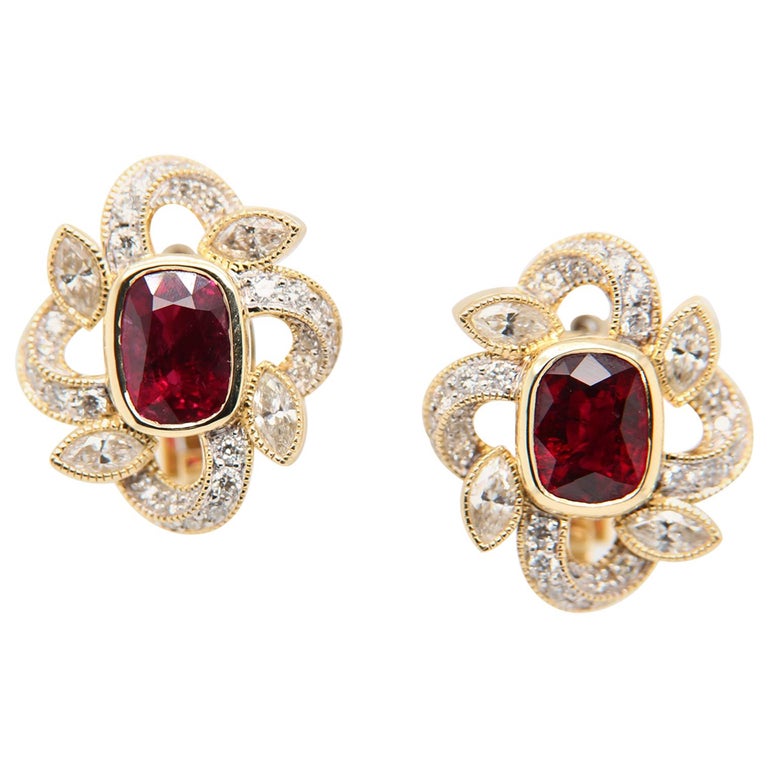GRS Certified 4.14 Burmese Pigeon Blood Ruby and Diamond Earring For ...