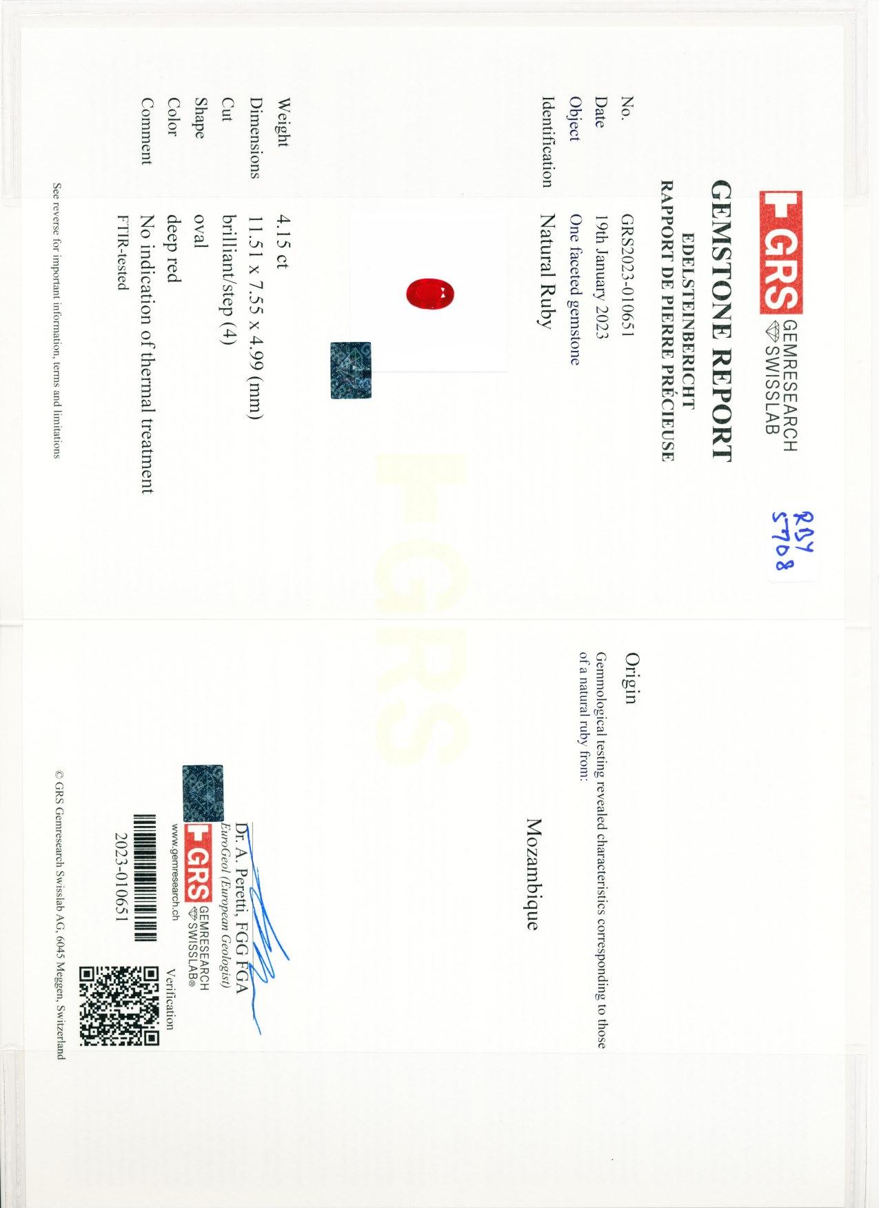 Women's or Men's GRS Certified 4.15 Carat Ruby ( Oval Shape) For Sale