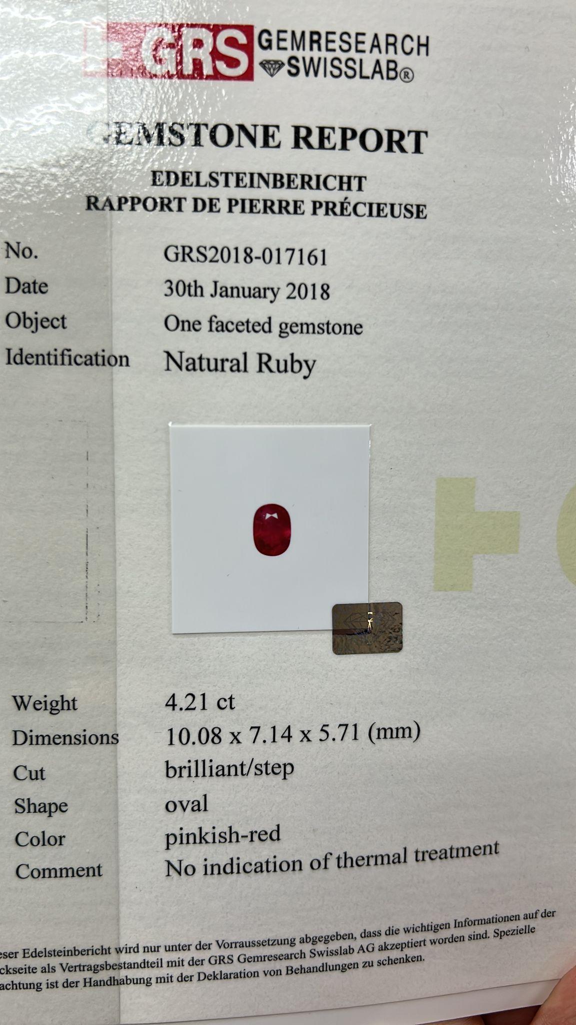 Contemporain Bague en diamants et rubis ovale de 4,21 carats certifié GRS « BURMA NO HEAT »