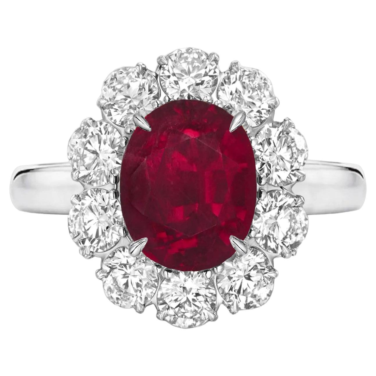 GRS Certified 4.21 Carat BURMA NO HEAT Oval Ruby Diamond Ring