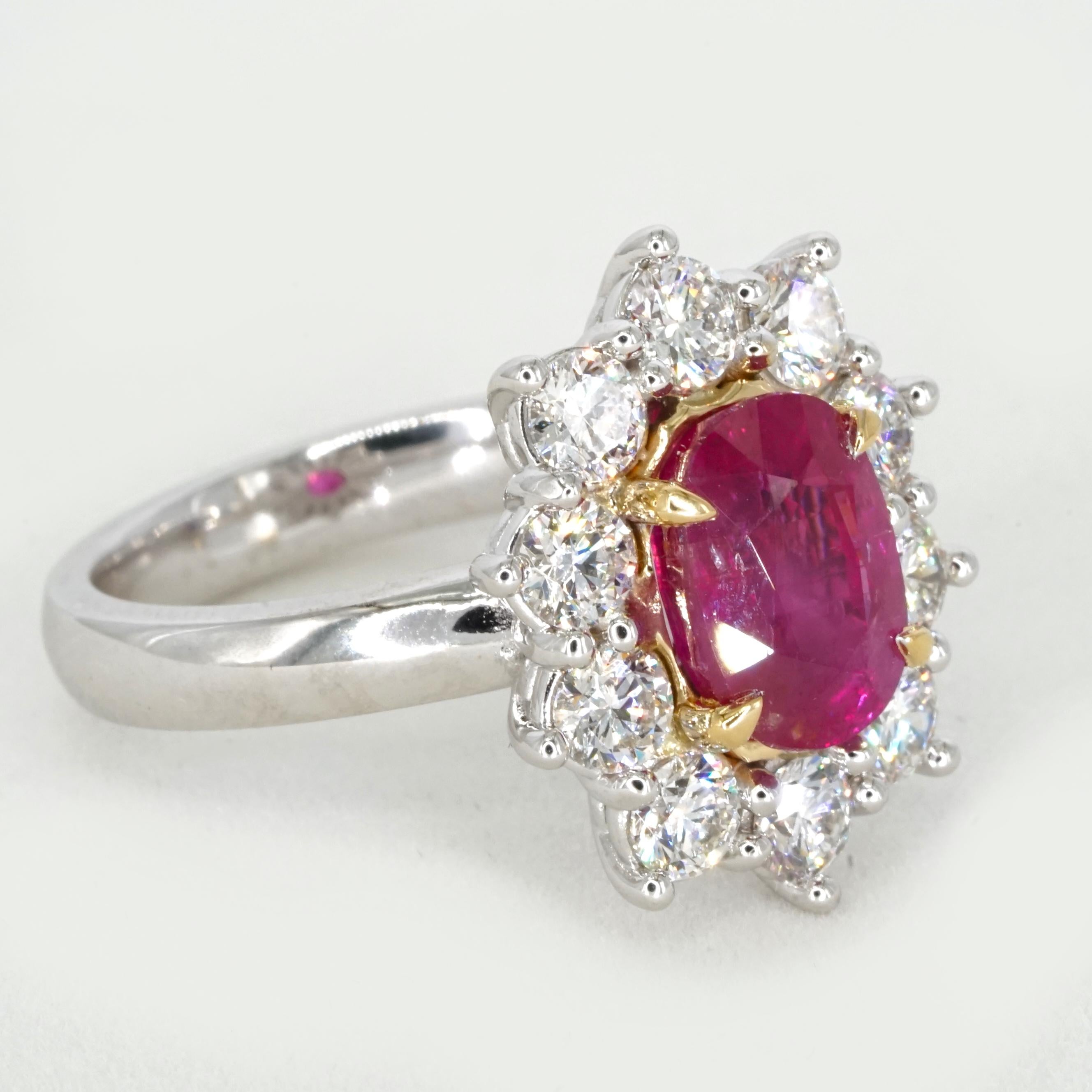 A timeless creation by Cecile Blake, this exquisite ring showcases a vibrant 4.21-carat natural ruby of Burmese origin, certified by GRS for its pinkish-red hue and untreated status. 

The oval-cut ruby is elegantly surrounded by a halo of 10