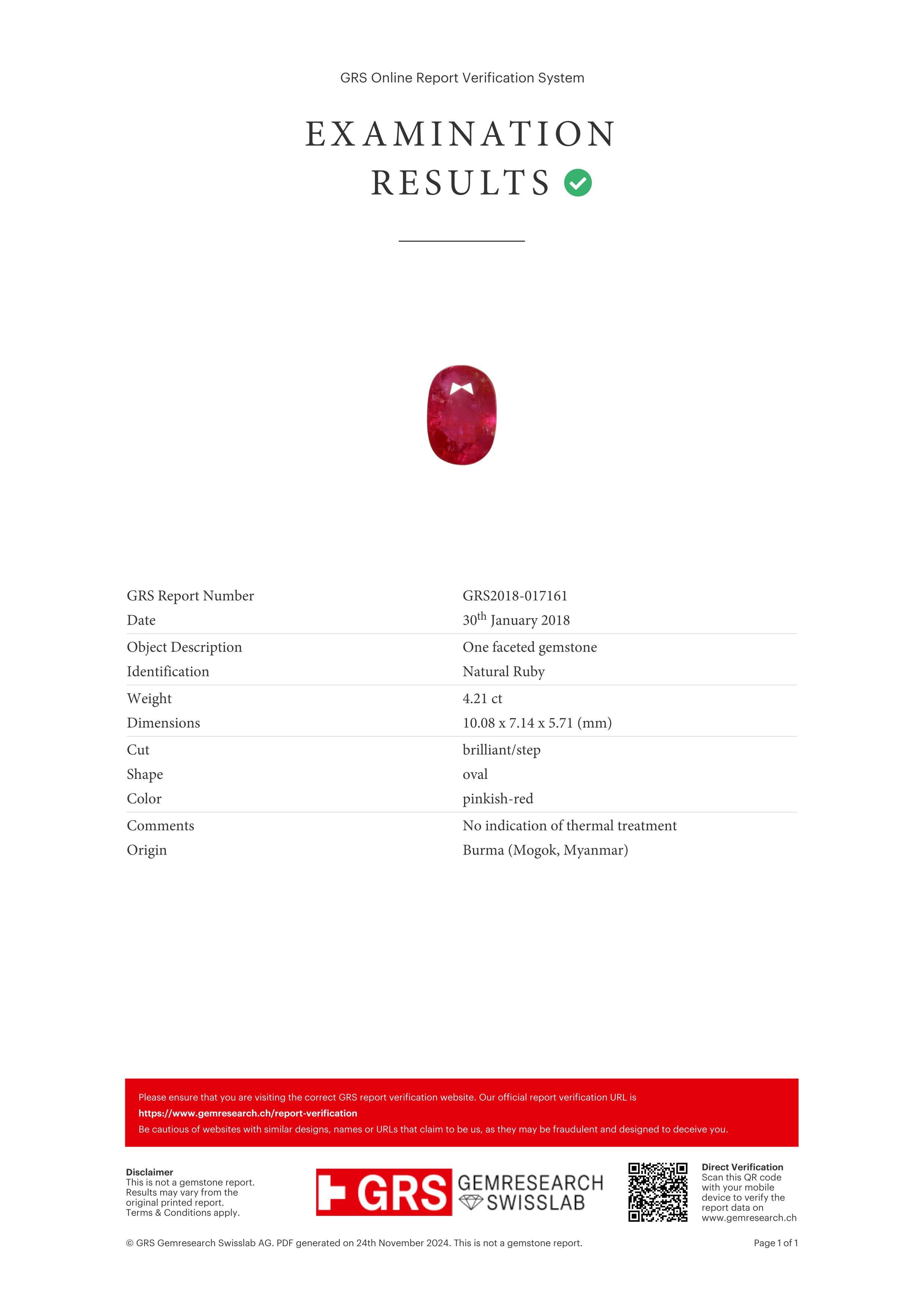GRS Certified 4.21 Carat Burmese Oval Unheated Ruby 18K Gold Cocktail Ring In New Condition In Chicago, IL